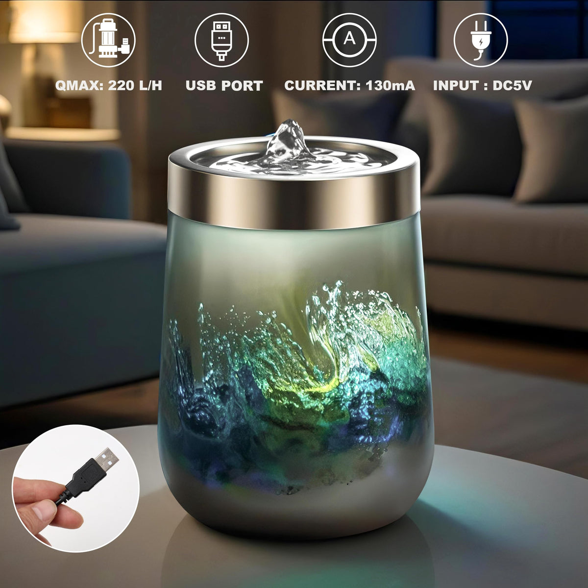 VOREEN Handblown Art Glass Tabletop Fountain, Quiet USB Desk Water Feature for Home & Office, Artisan-Made Landscape Glass Water Design with Soft White Ambient Glow, Collectible Décor Gift – Grey