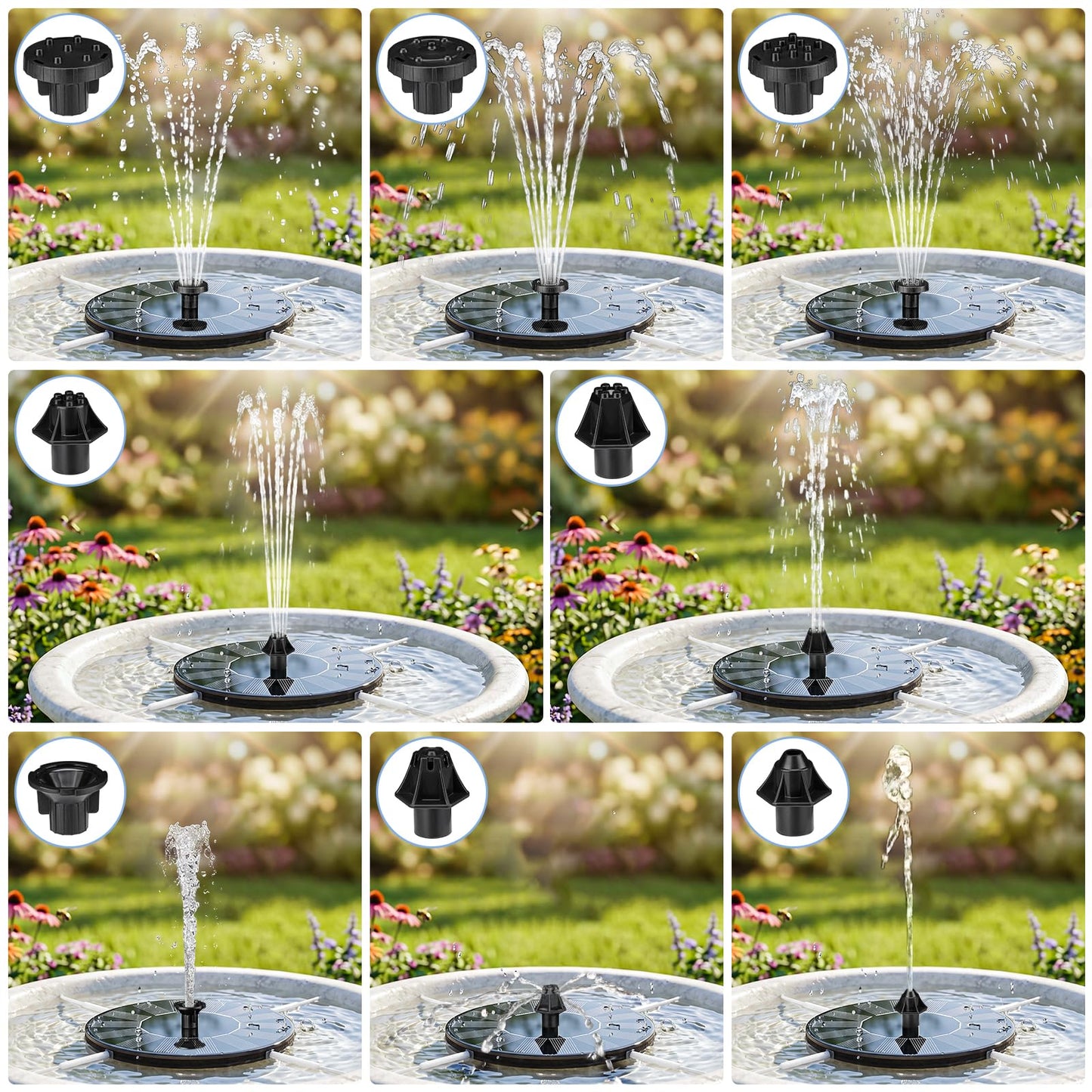 Mademax Solar Bird Bath Fountains, Upgrade 1.4W Solar Fountain Pump with 8 Nozzles & 4 Brackets, Free Standing Floating Solar Powered Water Fountain Pump for Bird Bath, Garden, Pond, Pool, Outdoor