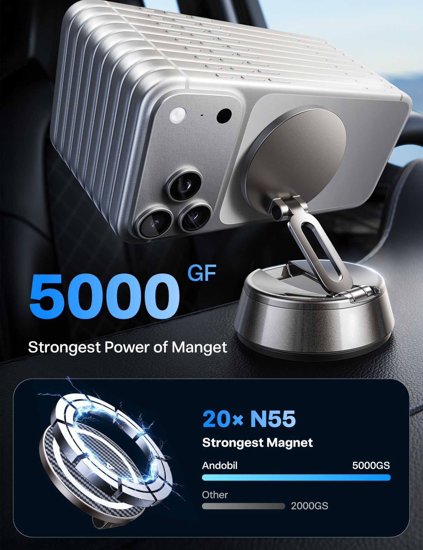 andobil 2026 Upgrade for Magsafe Car Mount [Strongest Suction & Magnet] Vacuum Magnetic Phone Holder for Car 360° Adjustable Car Cell Phone Holder Mount for iPhone 17 Pro Max 16/15/14/13/12