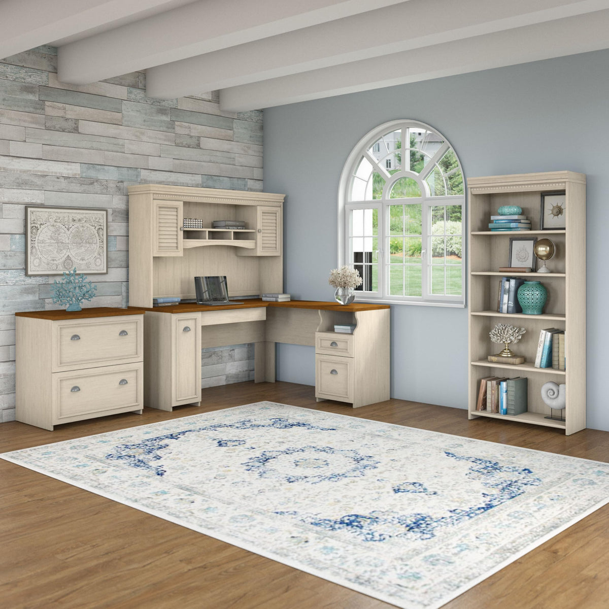 Bush Home Fairview 60W L Shaped Desk with Hutch, Lateral File Cabinet and 5 Shelf Bookcase in Antique White and Tea Maple