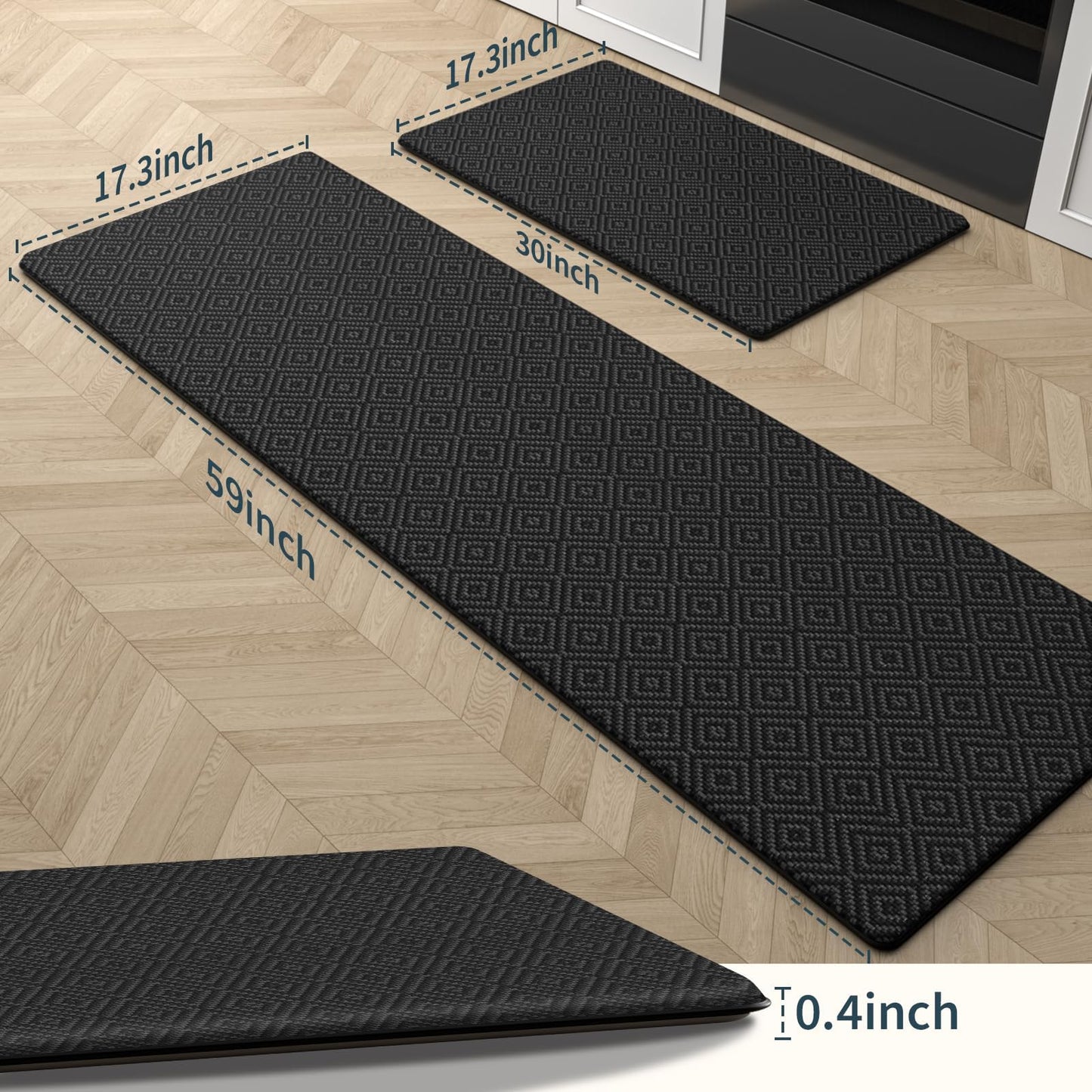 Mattitude Kitchen Mat 2PCS Kitchen Rugs Cushioned Anti-Fatigue Rug Waterproof Standing Desk Mat Kitchen Mats for Floor Kitchen Rug Set for Kitchen, Sink, Office 17.3"×30"+17.3"×59" Black