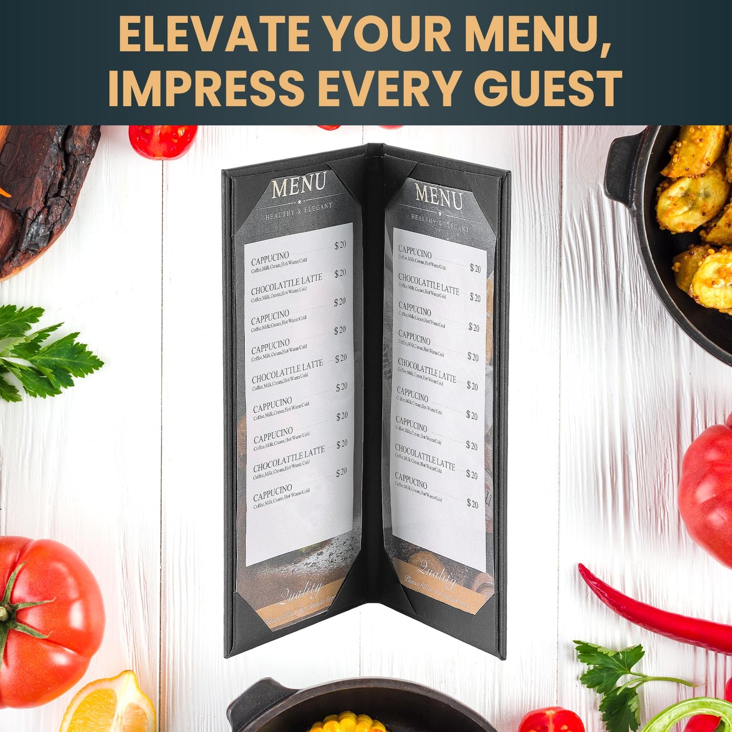 AMGSH 12 Pack 2 View Menu Holder Menu Covers 4.25" x 11" | Black Leather Menu Sleeves Book Style for Restaurant Coffee Bars Wine List