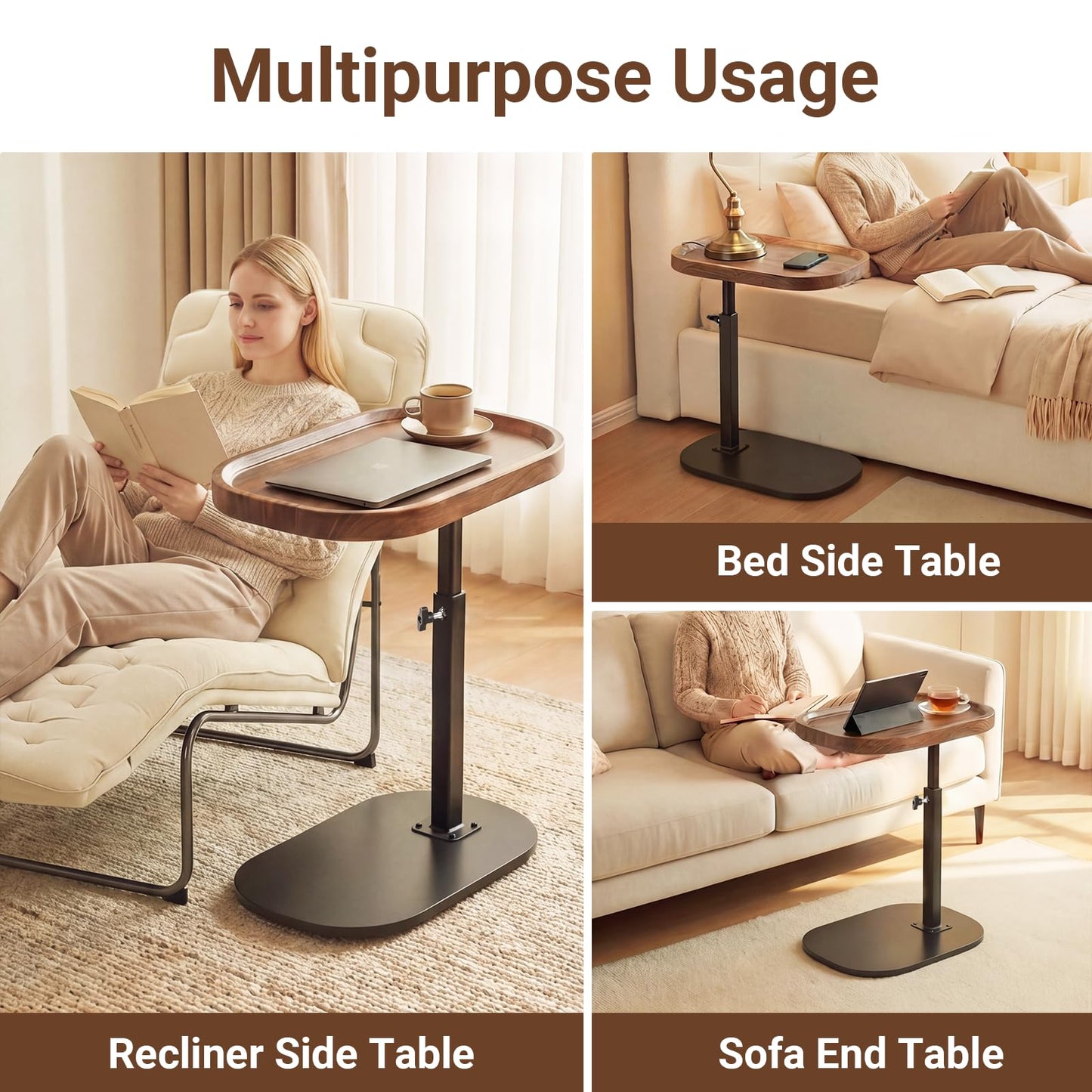 Eansstofars Adjustable Height TV Dinner Tray Table for Eating, 360°Swivel Small C Shaped End Side Table for Living Room, Bedroom,Hospital, Couch Armrest Table that Slide Under Sofa, Bed, Desk