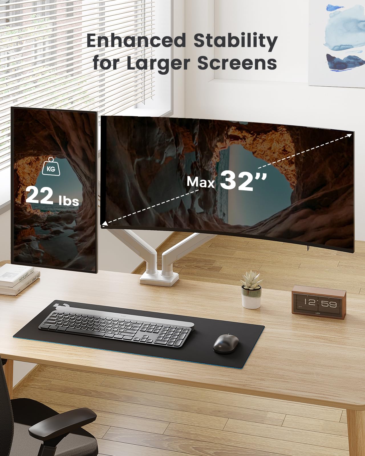 ErGear Dual Monitor Stand up to 32 inches Screen, Load-Bearing Max 22 lbs Each Arm, Adjustable Dual Monitor Mount, Sturdy Steel vesa Monitor Mount with Stable VESA 75x75 100x100mm-White