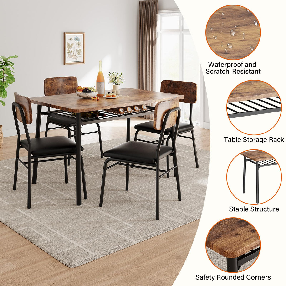 IDEALHOUSE Dining Table Set for 4 with Storage Rack, 5-Piece Kitchen Table and Upholstered Chairs of 4, Wood Tabletop & Heavy-Duty Metel Frame, Dining Room Set for Small Space, Apartment, Brown