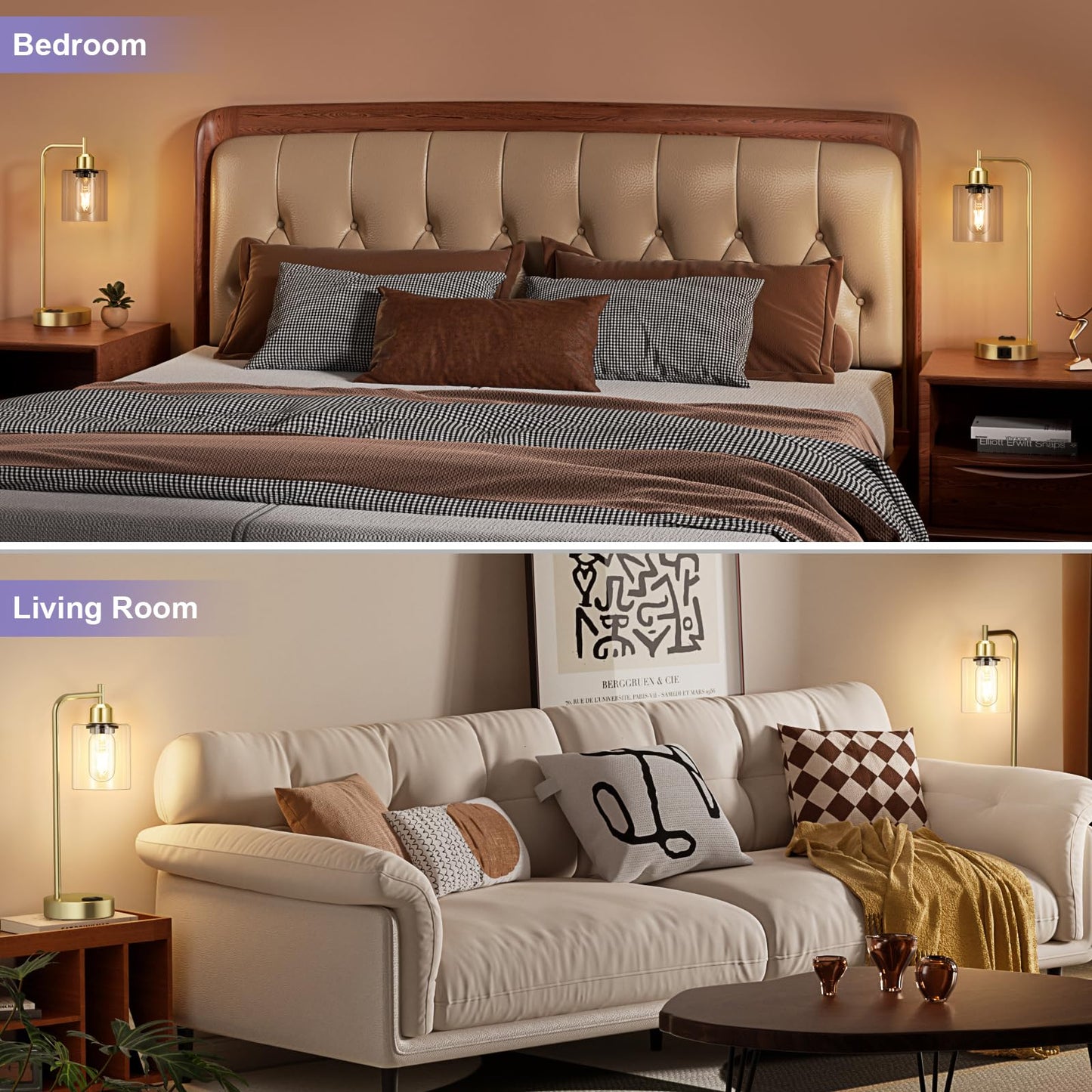 Innqoo Industrial Gold Table Lamp for Bedrooms Set of 2-3-Way Dimmable Desk Lamp with USB C+A Ports and Outlet, Gold Lamps with Clear Glass Shade for Living Room, Desk Lamps for Home Office