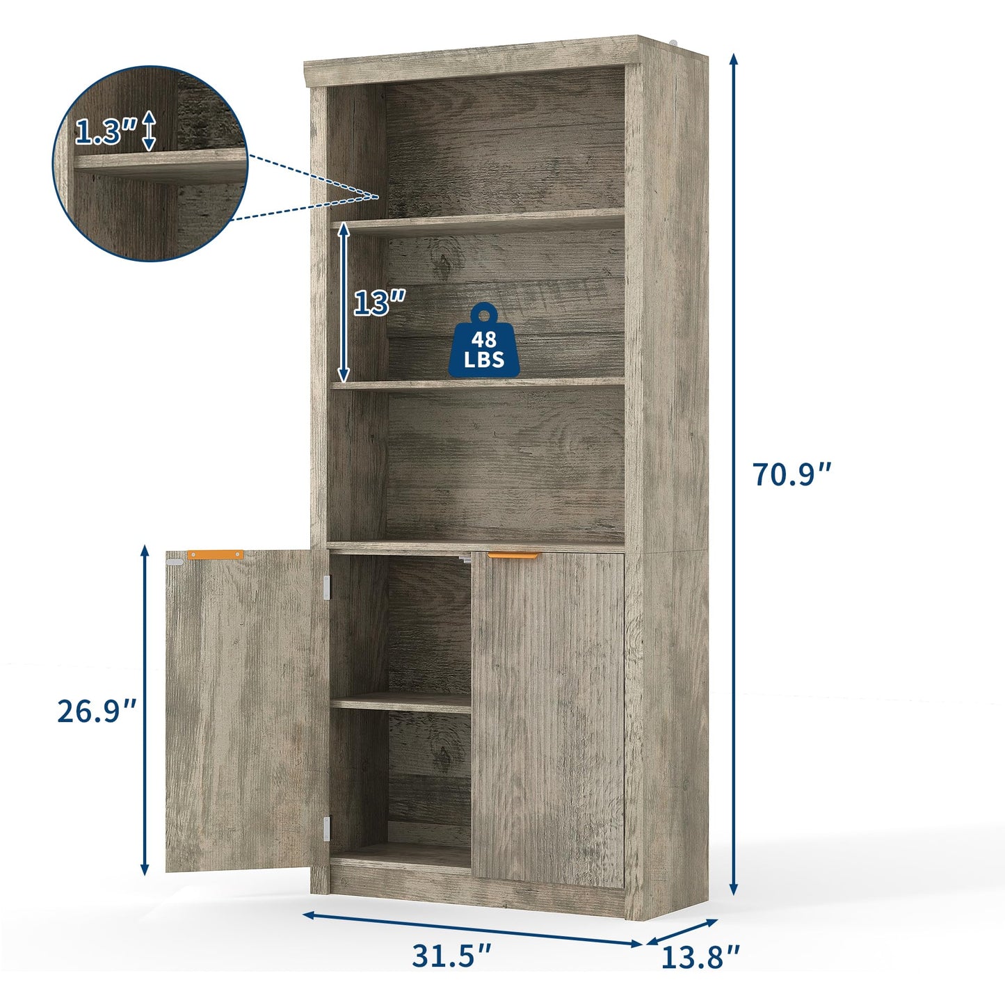 Modern Tall Book Shelf and Bookcase, 31.5"Wide Bookshelf with Doors, Farmhouse Book Case with Adjustable Top Shelf, Wood Storage Cabinet with 5 Tier Display Shelves for Home Office, Living Room,Grey