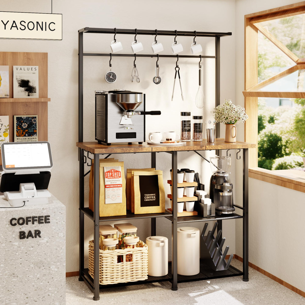 YASONIC Coffee Bar, Bakers Rack with Storage, 34.3 Inches Microwave Stand, 4 Tier Kitchen Shelves Appliance Storage, 14 S Hooks Large Coffee Station for Spices, Pots and Pans, Rustic Brown