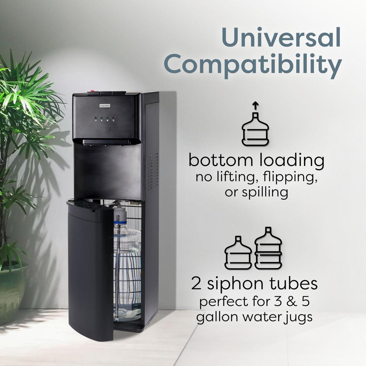 Igloo Bottom-Loading Water Dispenser – Water Cooler Dispenser with Hot & Cold Temperature Settings- Electric Water Dispenser Fits 3- & 5-Gallon Jugs with Child Safety Lock for Home & Office Use– Black