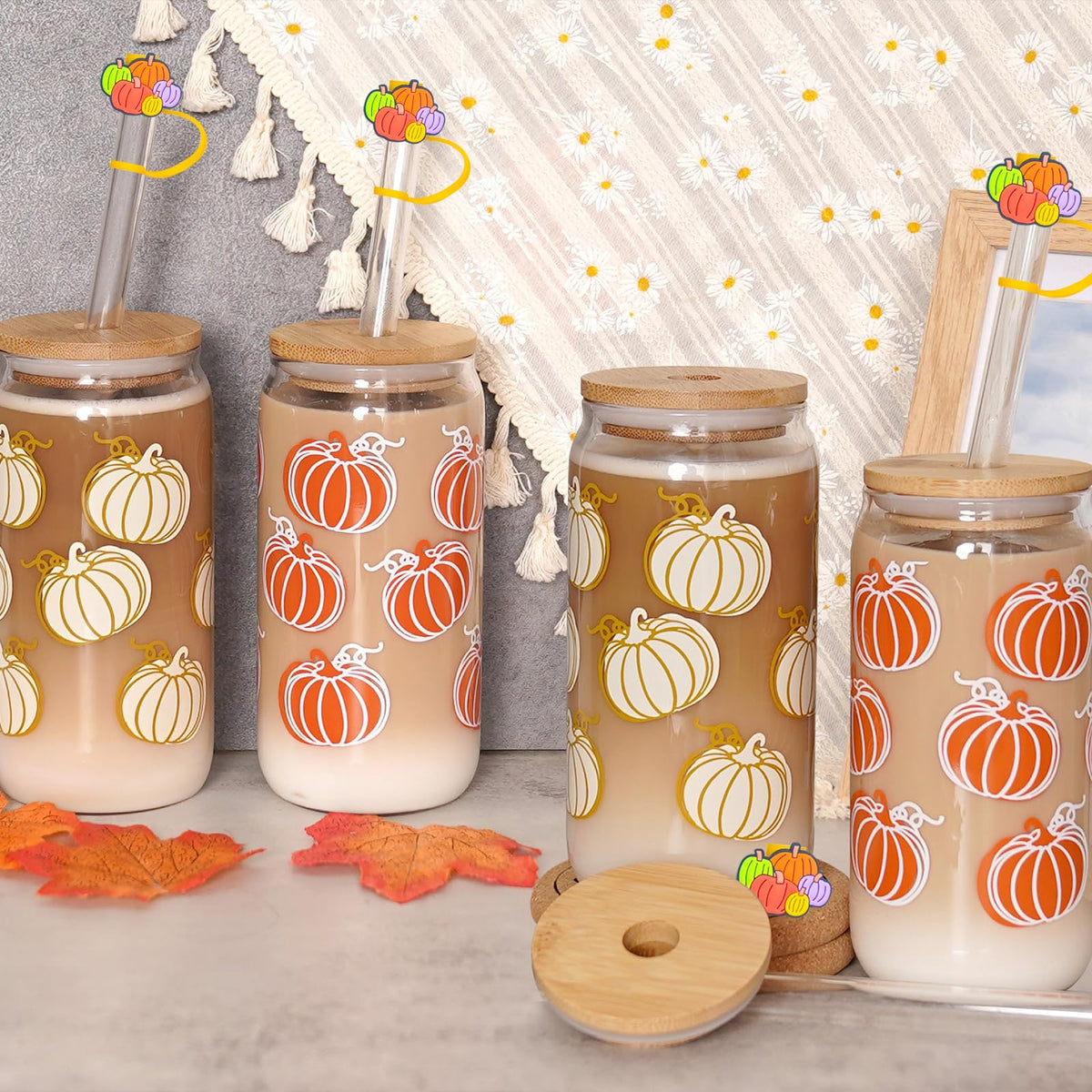 ANOTION Cute Iced Coffee Glass Cups, 18oz Pumpkin Tumbler Set - 4 Packs Fall Mug with Lids and Straws - Fall Wedding Gifts, Thanksgiving Decor, Family Gifts