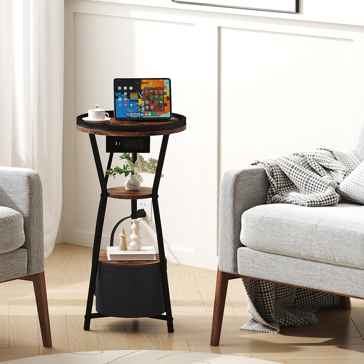 Yusong Round Side Table with Charging Station, Small Drink Table for Small Spaces, 3-Tier Industrial End Table, Accent Nightstand Bedside Table for Living Room, Bedroom, Sofa Couch, Rustic Brown