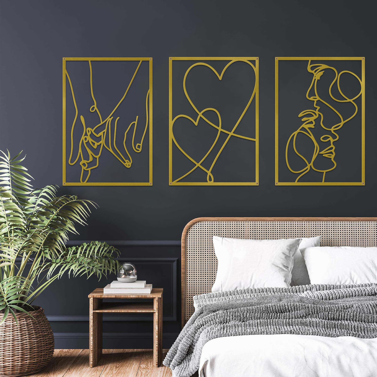 ESTART 3 Pieces Metal Minimalist Line Wall Art, Valentine's Day Lover Kiss Hand Metal Wall Decor, Aesthetic Modern Home Hanging Wall Art Decor for Bedroom Bathroom Living Room (Gold)