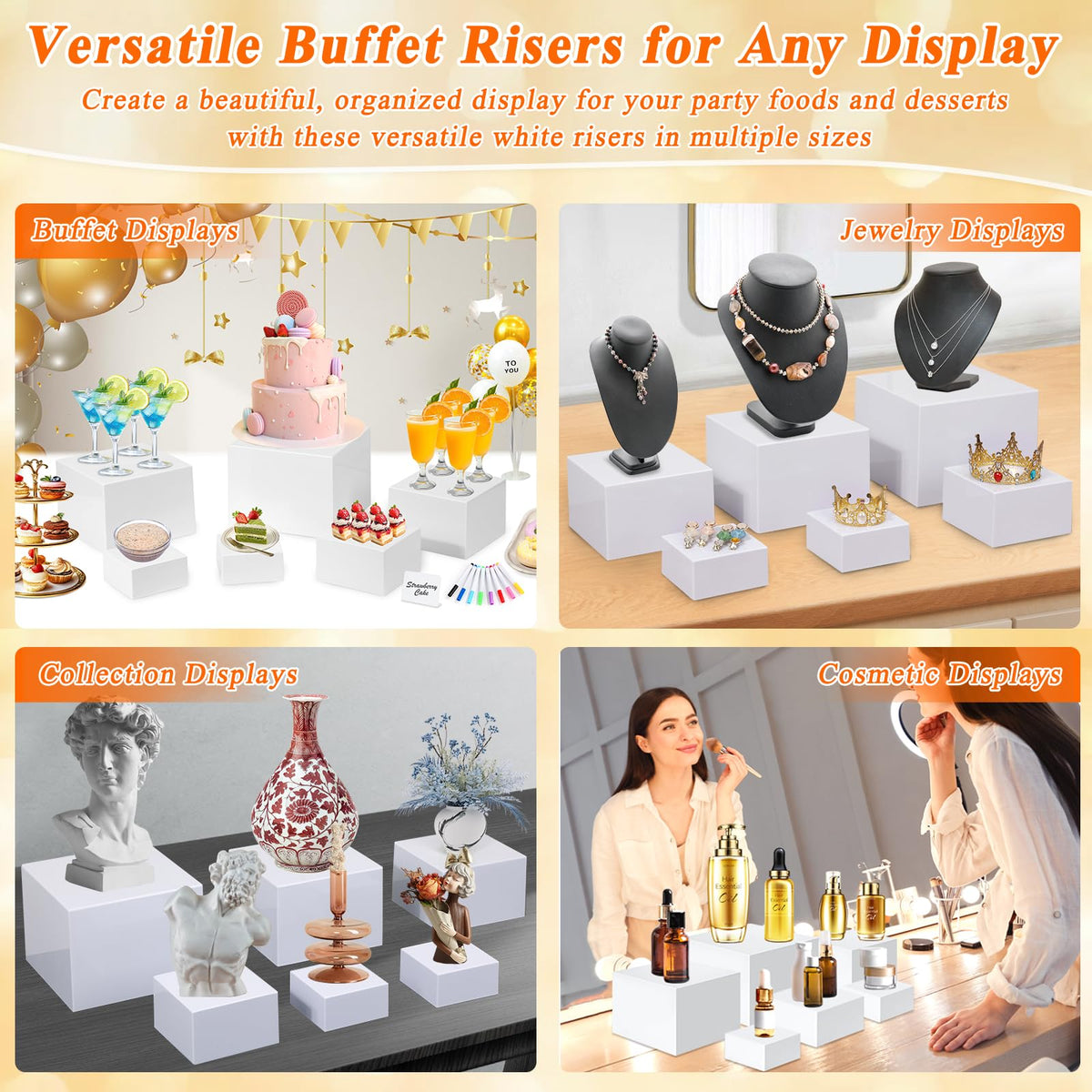 6 Pcs White Acrylic Buffet Risers with Mini Sign and Maker, Food Display Stands for Buffet Table Party Catering Dessert Jewelry Collectibles,Nesting Cube Boxes with Hollow Bottoms (8",7",6",5",4",4")