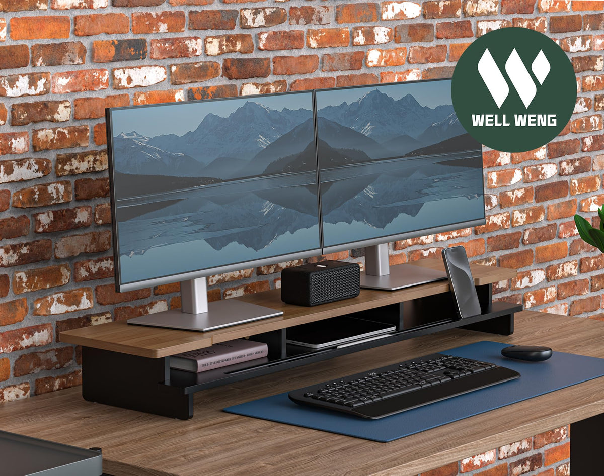WELL WENG Monitor Stand Dual Monitor Stand Riser for Desk,Wood Desk Shelf Storage Organizer with Phone Tablet Holder (42.5 Inch, Black & Dark Bamboo)