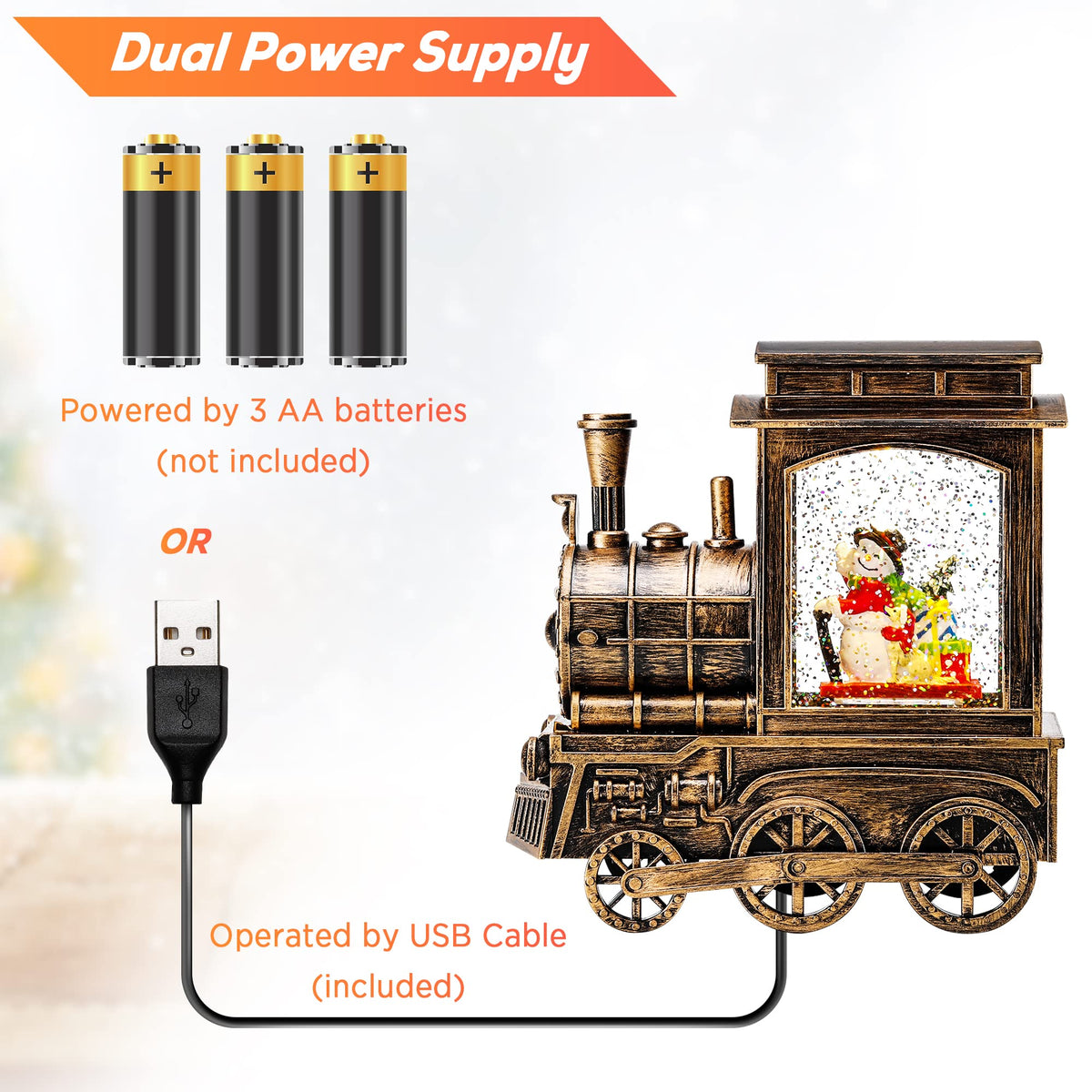 IPOW Christmas Snow Globe Lantern Train with Santa Sleigh Projection, Water Swirling Glitter Musical and Lighted USB Powered & Battery Operated Music Box for Christmas Home Decoration Gift