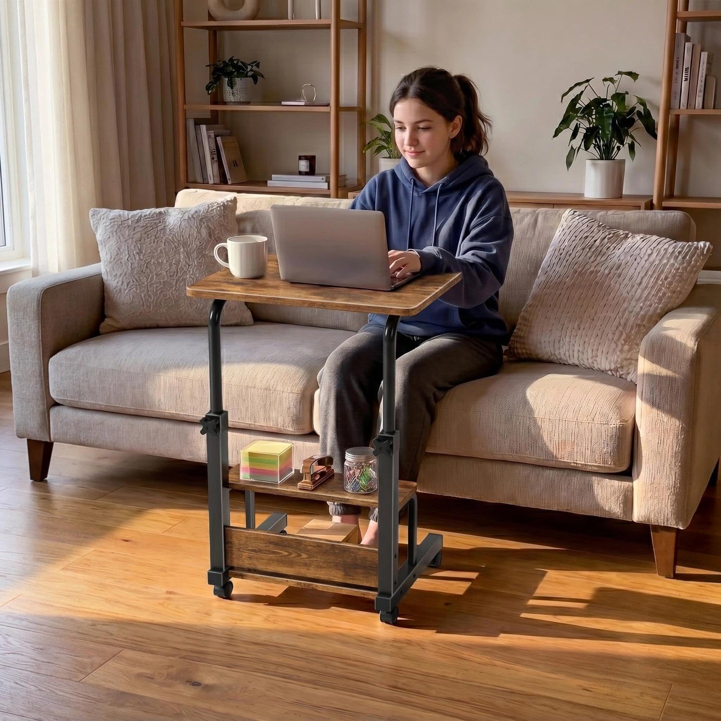 WINAZ C Shaped Rolling Laptop Desk - 24" Rustic Brown Mobile Kids Desk with Wheels for Small Spaces, Height Adjustable Overbed Table with 2-Tier Storage Shelves