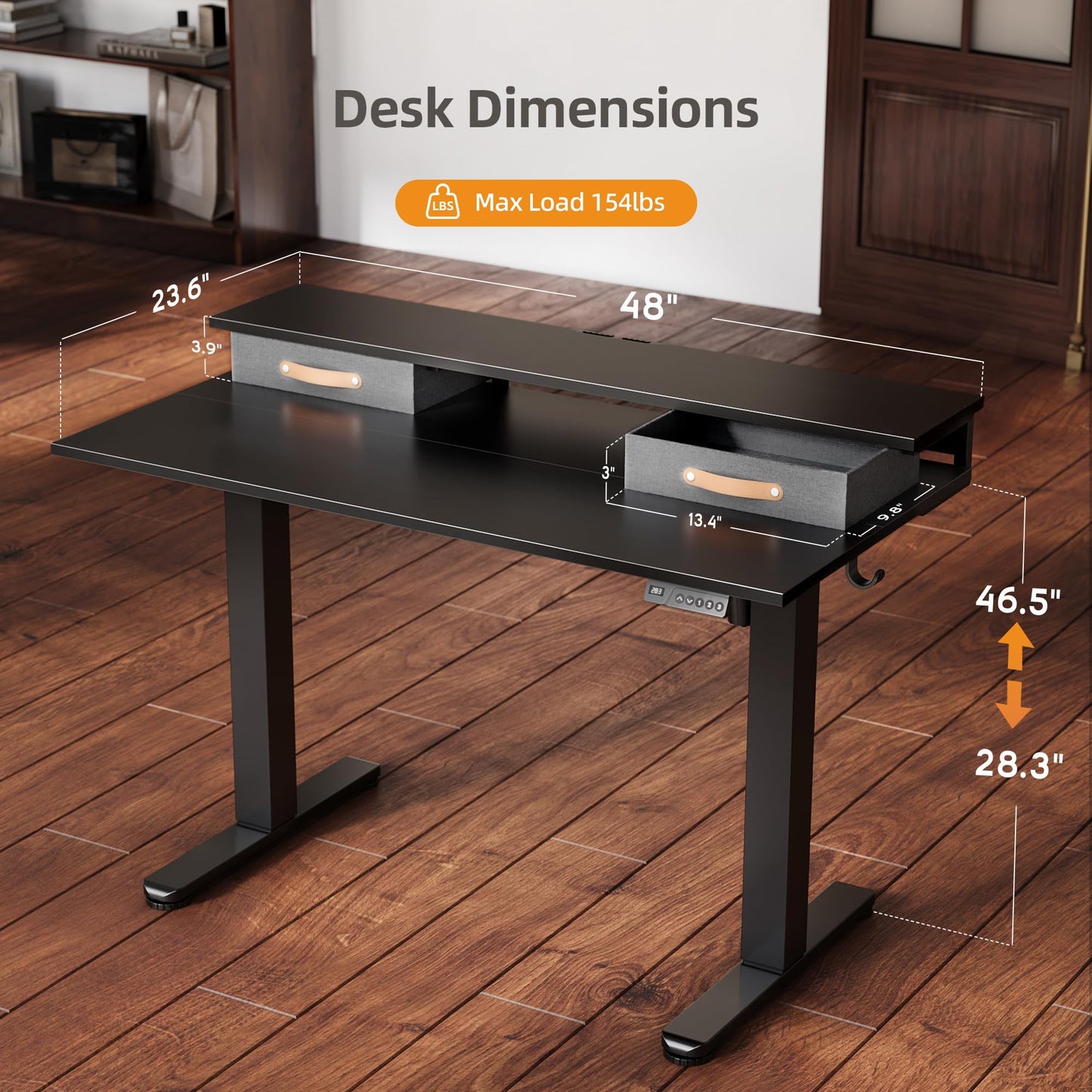 Claiks 48 Inch Electric Standing Desk with 2 Drawers, Adjustable Height Computer Table with Monitor Shelf, Scratch-Resistant Particleboard Desk with Hooks, Black