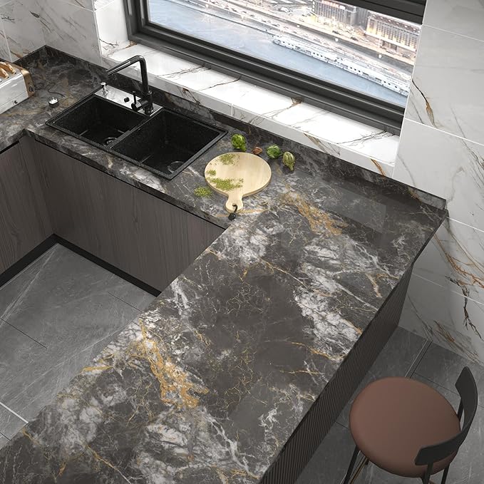 BAYYA 48"x354" Extra Wide Marble Contact Paper Dark Grey Marble Wallpaper Peel