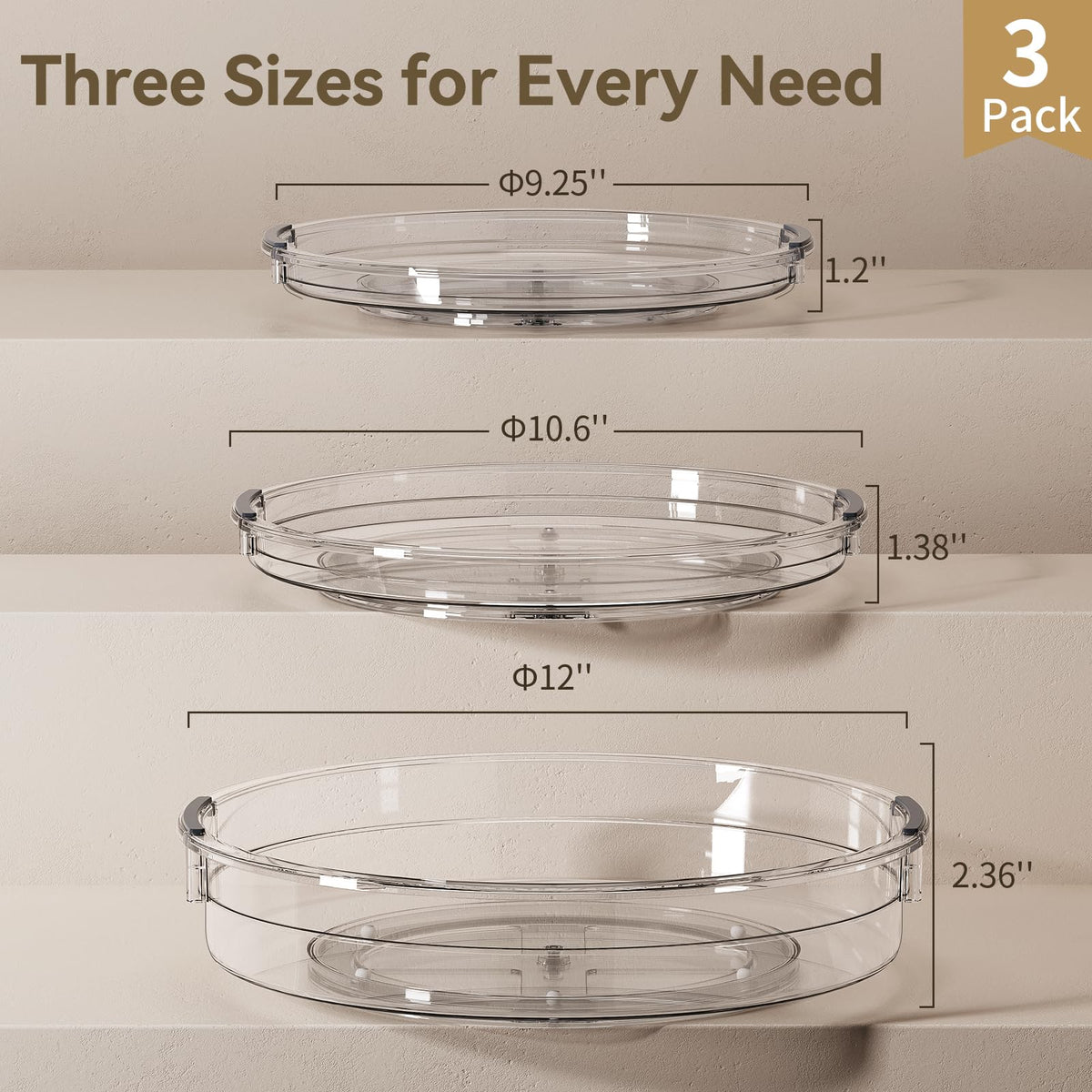 LAMU 3 Pack Lazy Susan Organizer Turntable for Cabinet, Pantry Organizers and Storage, Rotating Condiment Organizer for Kitchen, Table Top, Fridge, Countertop, Spice Organization, 9.25'' 10.6'' 12''