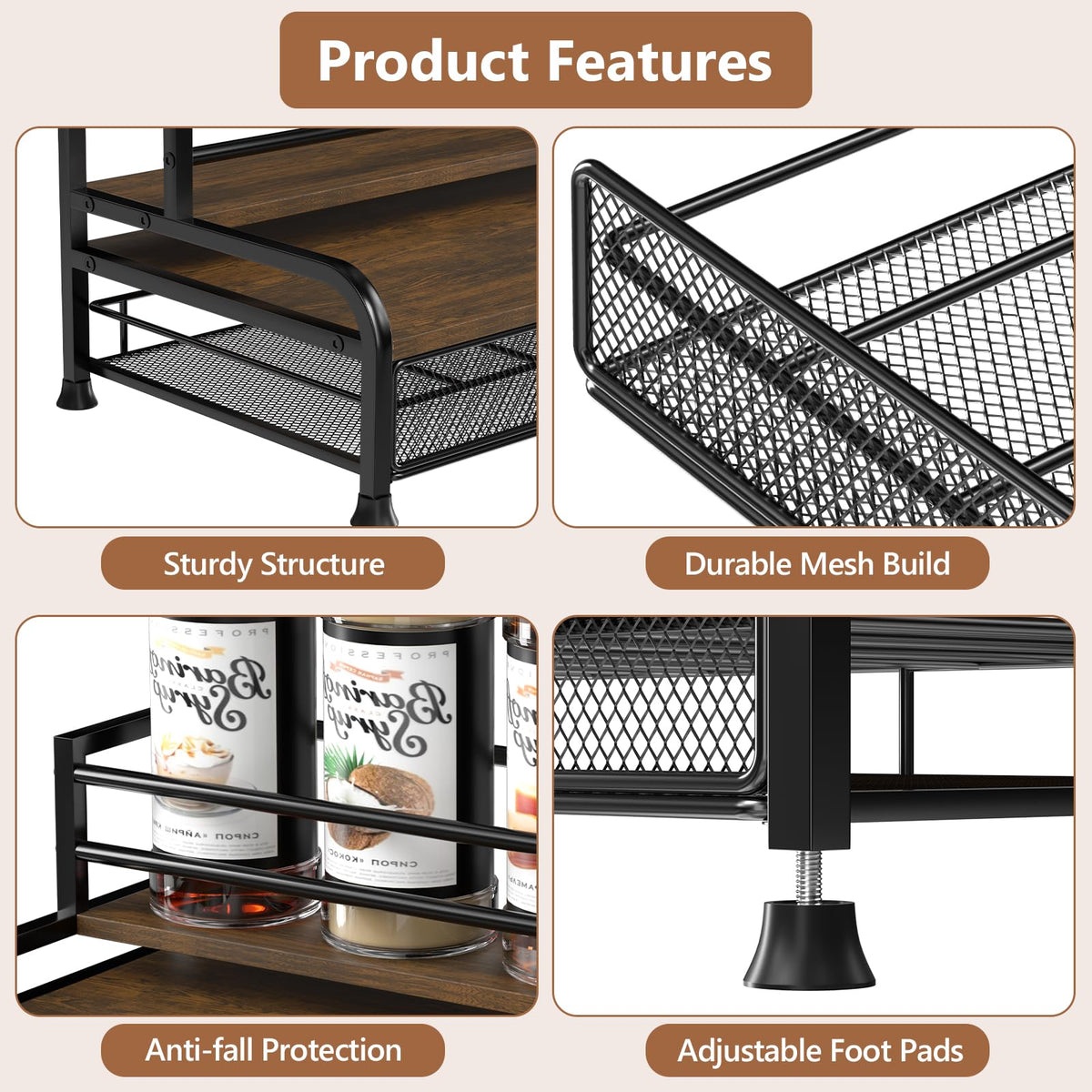 PONEYA Coffee Syrup Rack Organizer, 3-Tier 8 Bottles Syrup Rack with 35 K Cup Storage Basket for Coffee Bar, Countertop Bottle Holder Stand for Wine, Dressing for Kitchen Cafe Station
