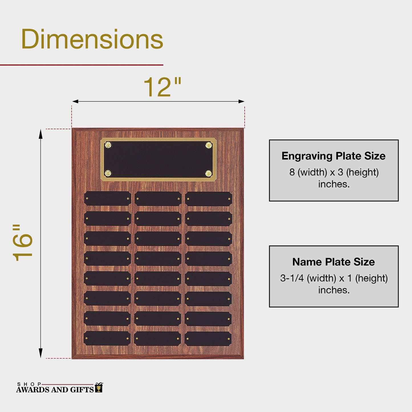 SHOP AWARDS AND GIFTS 12 x 16 Inch Perpetual Plaque Award Multiple Name Plate Board for Employee Appreciation, Recognition, Achievement, Walnut Finish with Black and Gold Header, 24 Name Plates