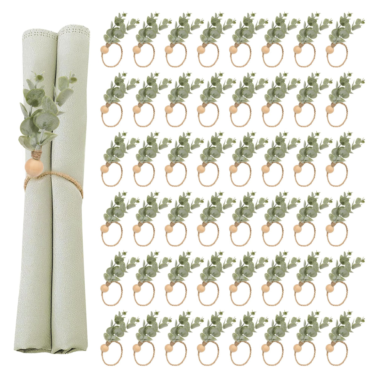 Defined Deco Napkin Rings - Set of 100, Rustic Farmhouse Boho Green Leaf Wooden Napkin Rings for Spring Summer, Thanksgiving Christmas, Wedding Table Decor