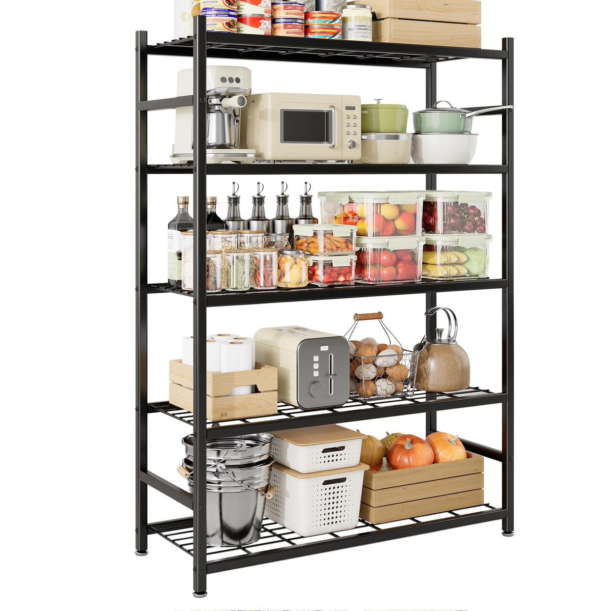 Tujurich Storage Shelves, 5-Tier Metal Shelving Unit with Adjustable Feet, Shelf Organizer for Garage, Kitchen, Pantry and Closet Organization, 36.4" x 11.8" x 68.3", Black