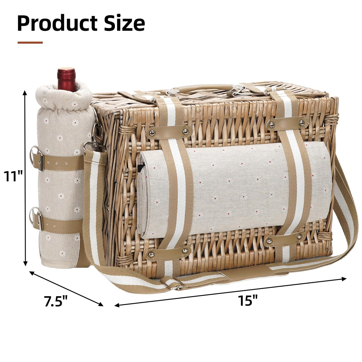 G GOOD GAIN Picnic Basket for 2-19Pcs Wicker Picnic Set with Waterproof Blanket & Wine Bag| Large Picnic Hamper with Insulated Cooler & Cutlery Kit for Couples Camping,White Flower