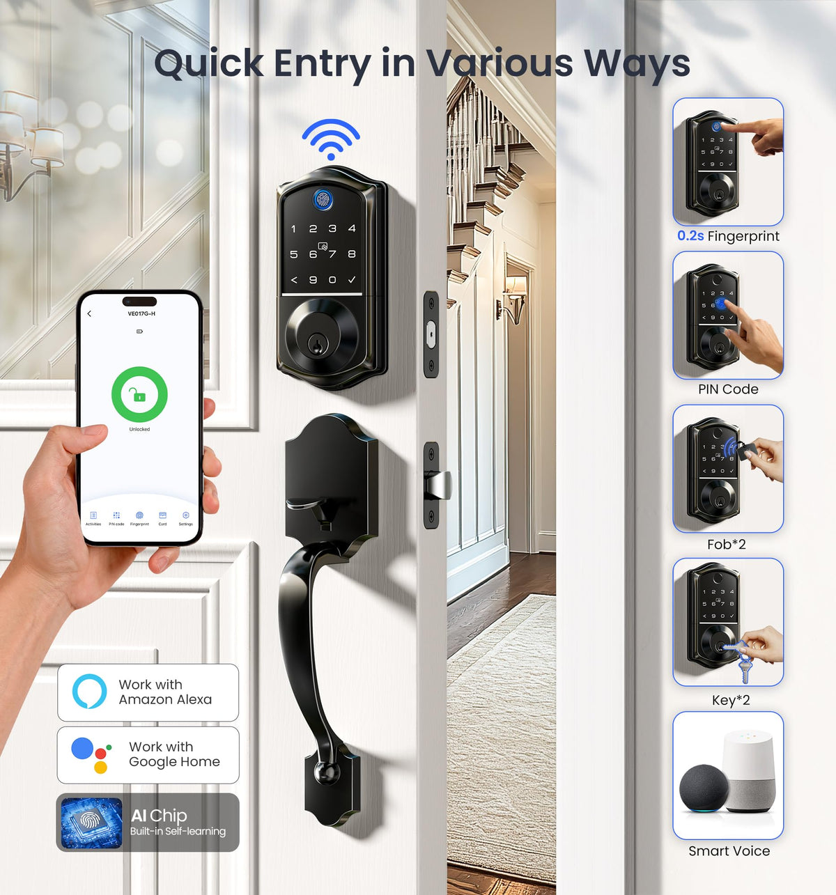 Veise VE017G-H Wi-Fi Smart Fingerprint Front Door Lock Set, Remote App Control, Keyless Entry Deadbolt with Handle, Backlit Keypad, IP55 Weatherproof, Auto Lock, Easy to Install, Matte Black