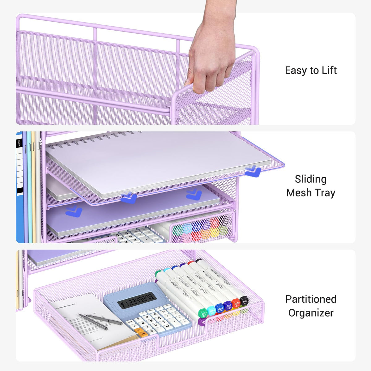 OPNICE Desk Organizer, 5-Tier Paper File Organizer with Drawer & Pen Holder, Office Desk Accessories, Workspace Desktop Organizer for Office Supplies(Purple)