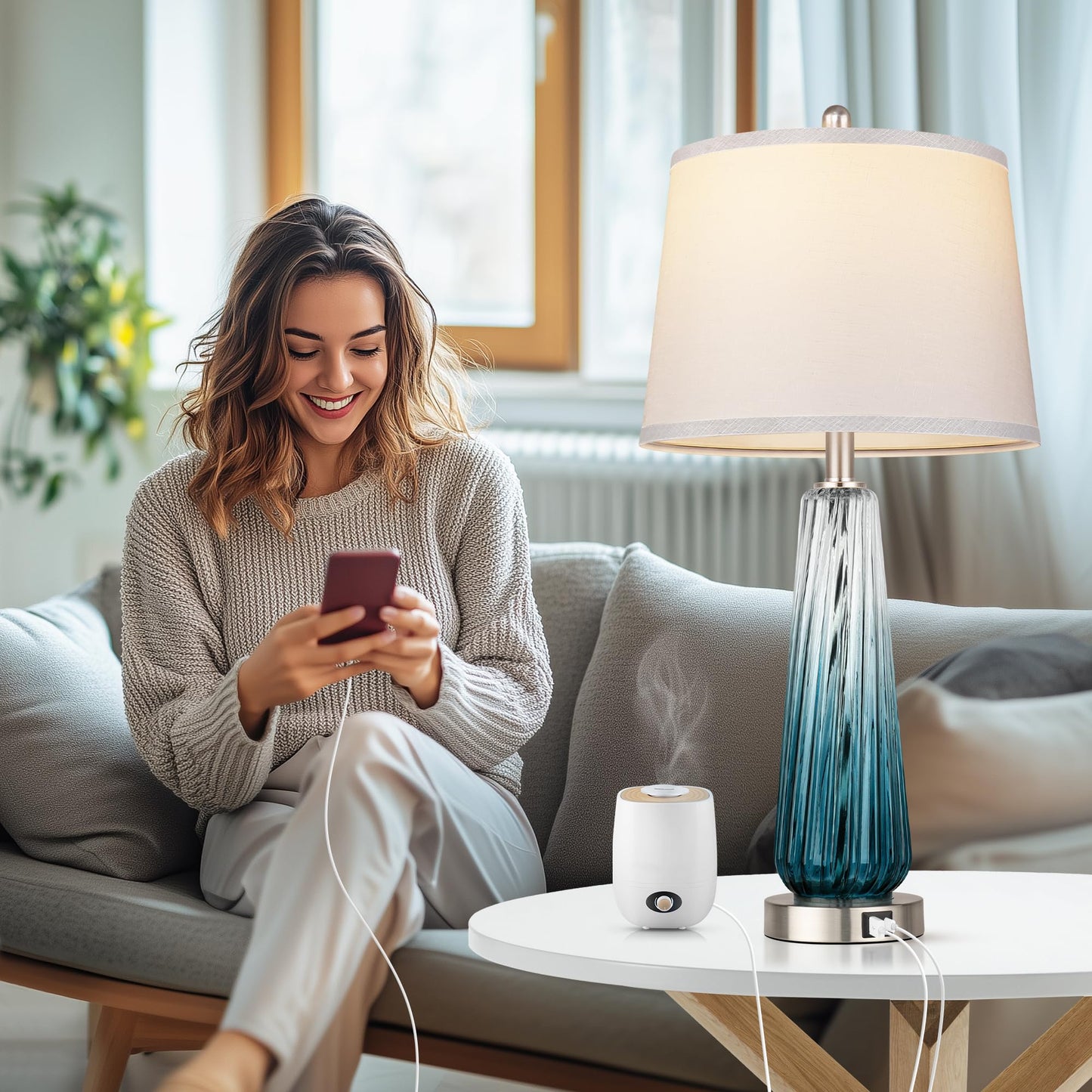 Table Lamps Set of 2 with Touch Control, Modern Glass Bedside Lamps with USB A+C Ports, 3-Way Dimmable Nightstand Lamp with White Fabric Shade, 27.5" Large Lamps for Living Room Bedrooms Decorations