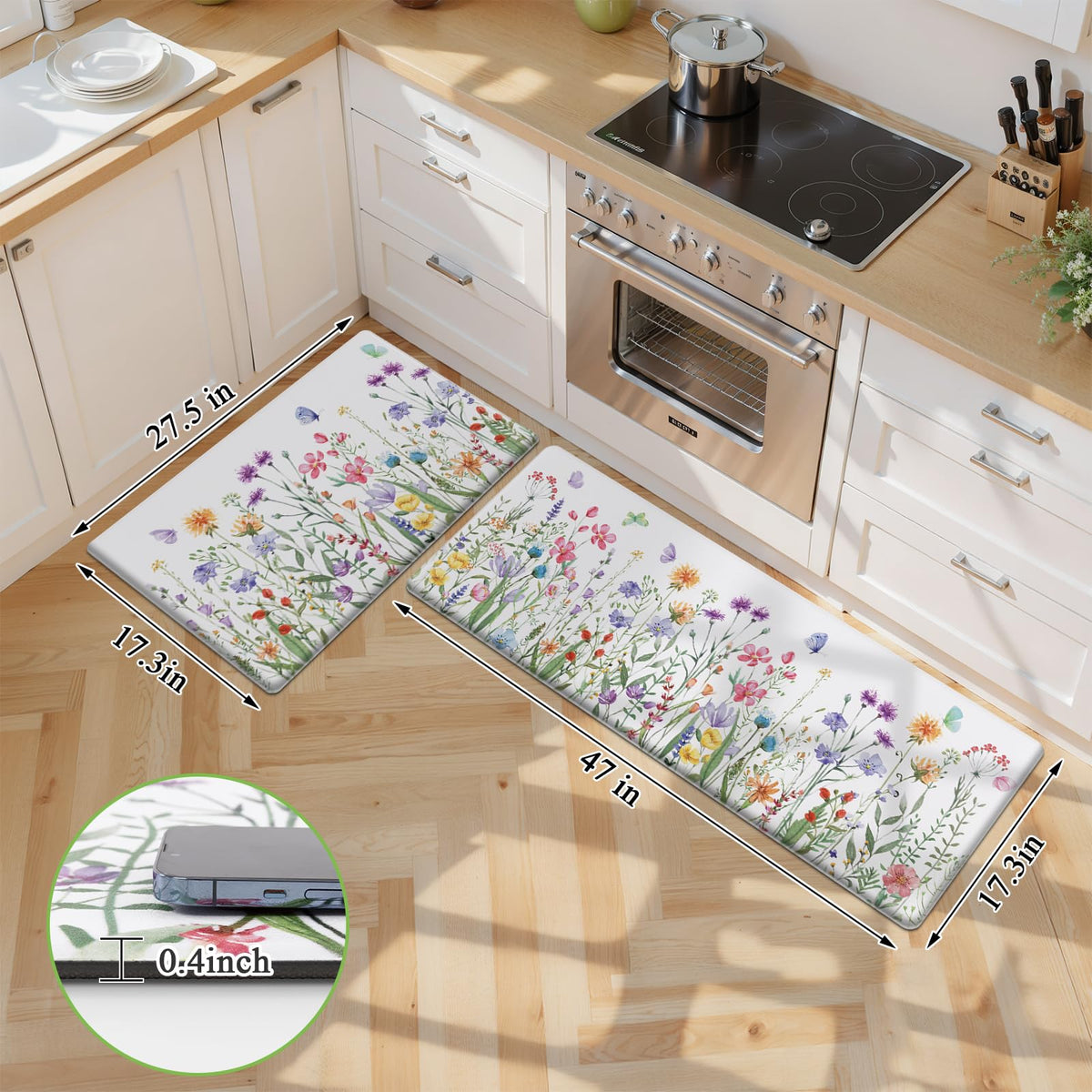 SHACOS Spring Kitchen Rugs Set of 2 Anti-Fatigue Kitchen Mats Floral Rugs White Cushioned Mats with Colorful Flowers Butterfly 17x27.5+17x47, Spring Flowers