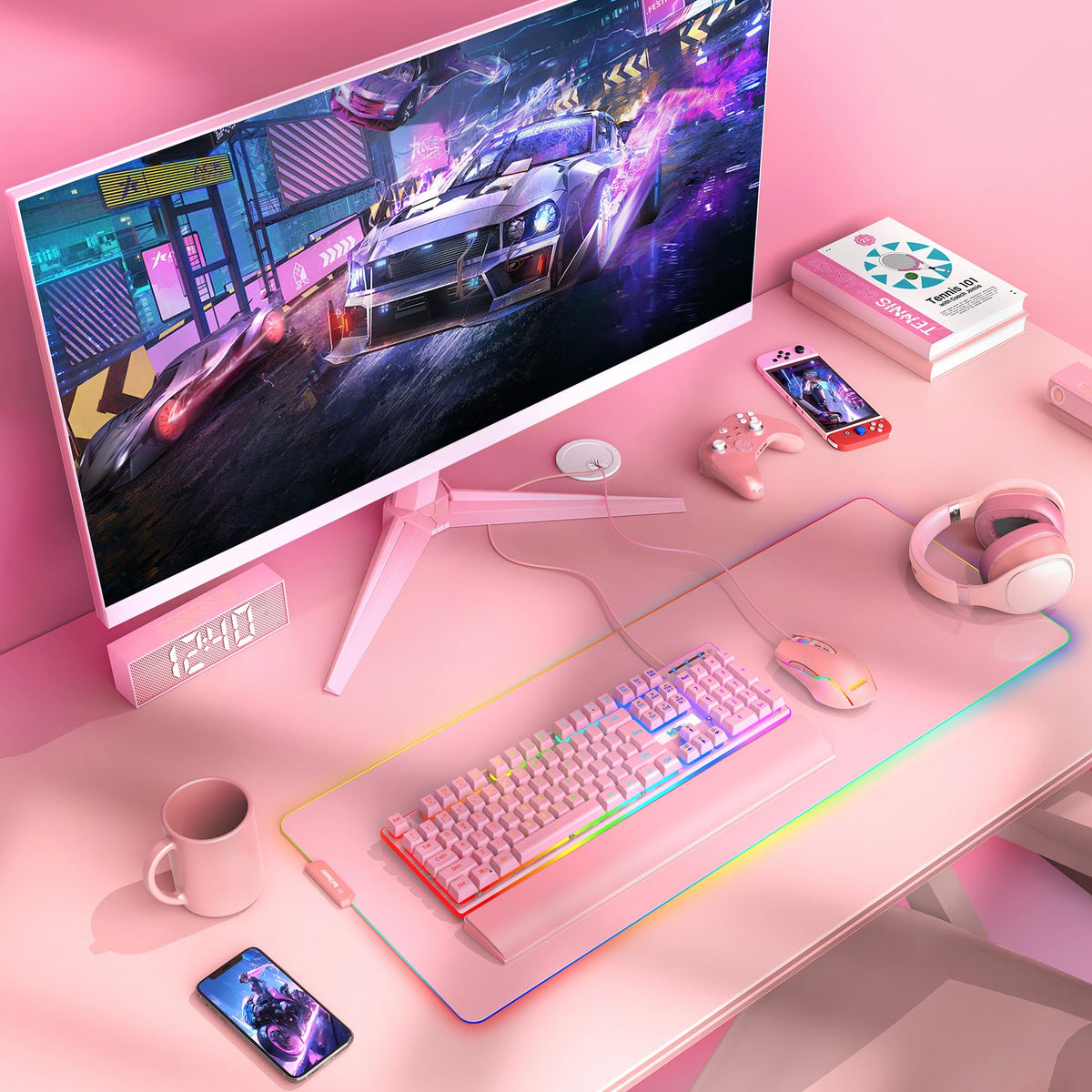 RedThunder K10 Wired Gaming Keyboard and Mouse and Wrist Rest Combo, RGB Backlit, Mechanical Feel Anti-ghosting Keyboard + 7D 7200 DPI Mice+Soft Leather Wrist Rest 3 in 1 PC Gamer Accessories(Pink)