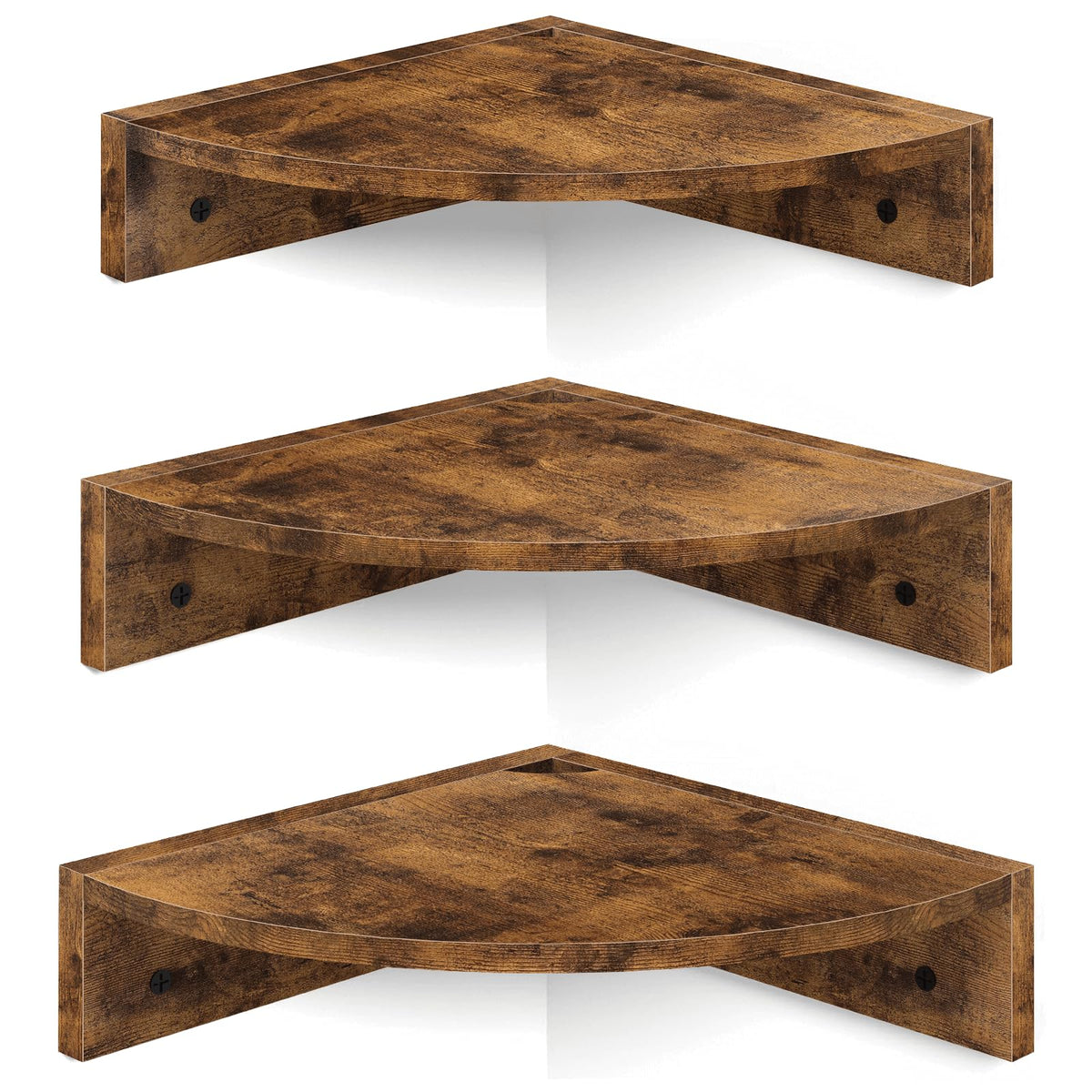 Homode Corner Shelf Wall Mount, Set of 3 Floating Corner Shelves with Cord Hole, 3 Tier Wood Wall Display Shelf, Storage for Bathroom Living Room Kitchen Bedroom, Rustic Brown and Black