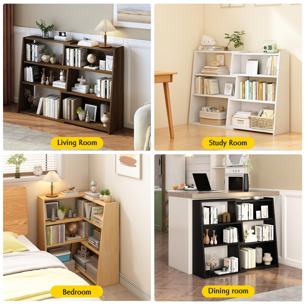 IOTXY Wooden Extendable Shelf Bookcase - 3-Tier Ladder Low Short Bookshelf for Small Space or Corner, Dark Walnut, S