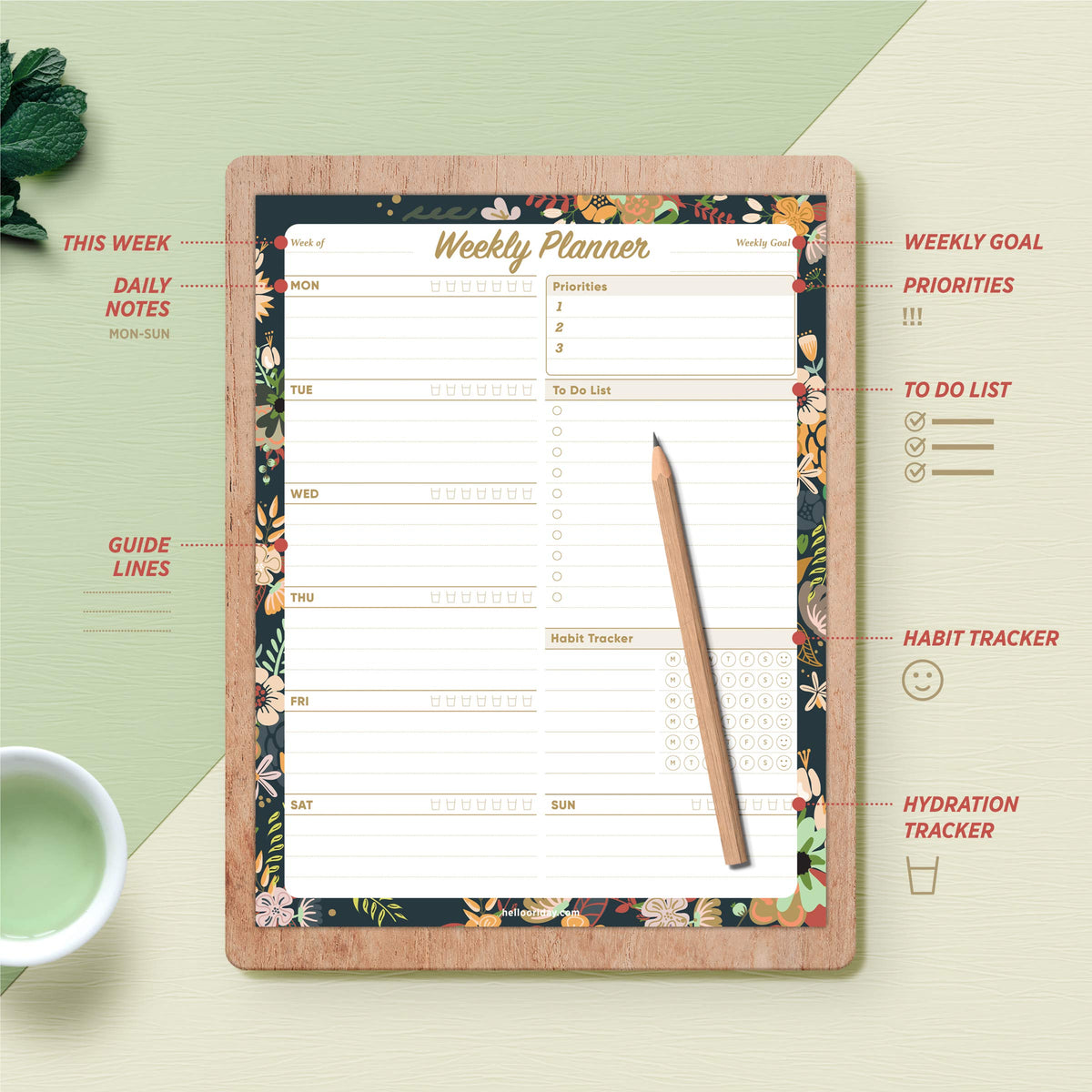 Oriday Weekly Planner Task Organizer Pad - 52 Sheets Undated Planning Tear-away Notepad (7.8" x 10" Dark Flower)