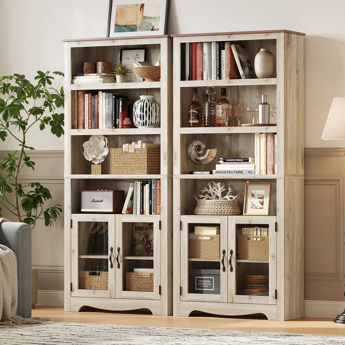LINSY Bookshelf with Doors, 6 Shelf Bookcase Tall Bookshelves, 73" Farmhouse Book Shelf with Storage Cabinet, Wood Book Shelves for Living Room, Bedroom, Office, Rustic White