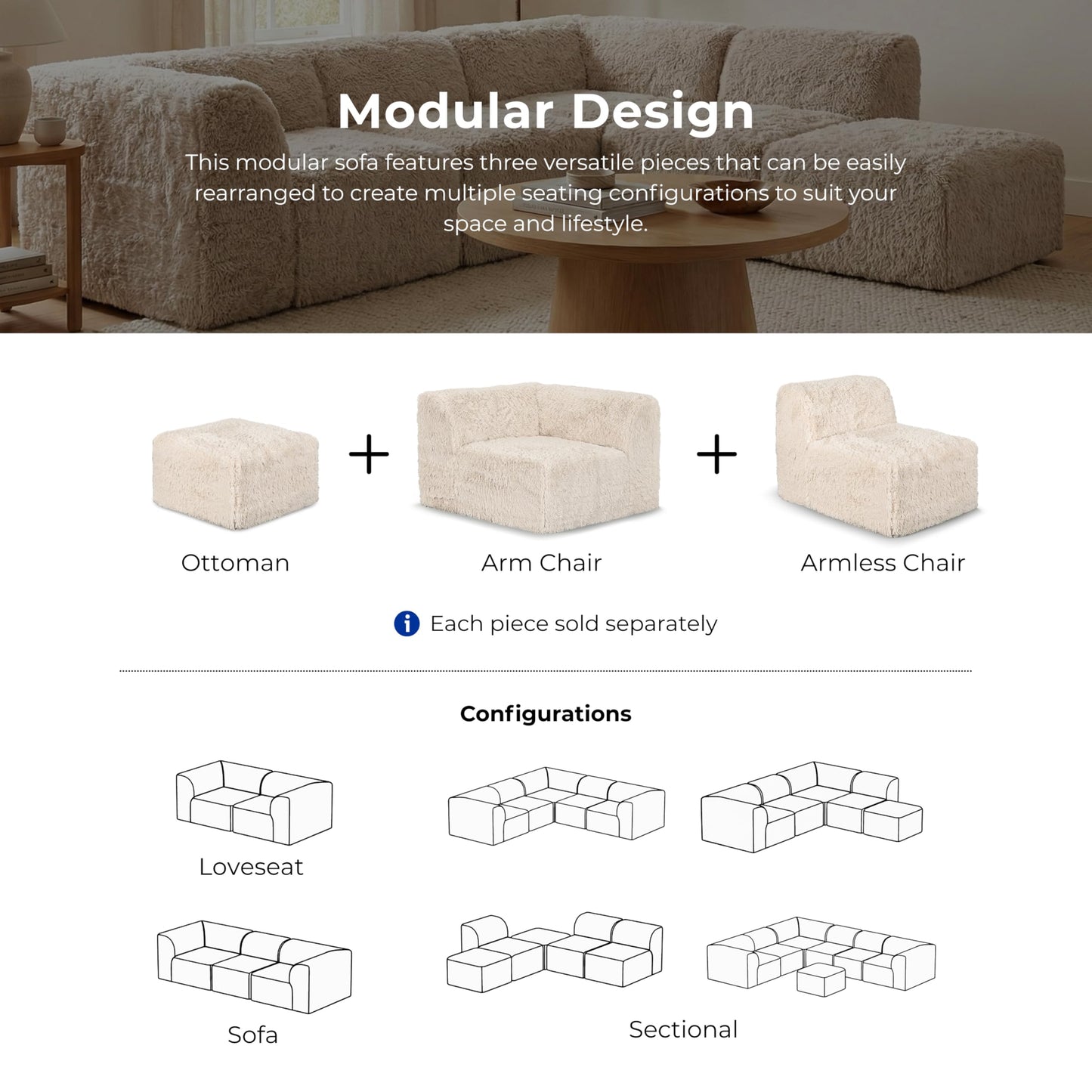 Furniture of America Havyn Modern Faux Fur 1-Seater Square Modular Foam Ottoman, Compressed Couch in a Box, No Assembly Required, for Living Room and Office, Taupe