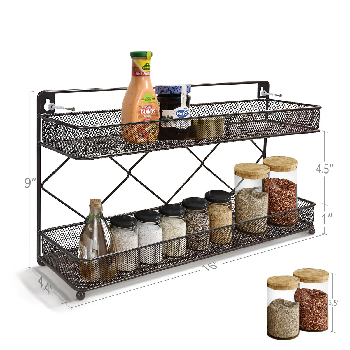 Megier 2 Tier Metal Kitchen Counter-top or Wall Mount Spice Rack, Jars Storage Organizer, Cabinet Holder, spice seasoning organizer for Partry (Bronze)