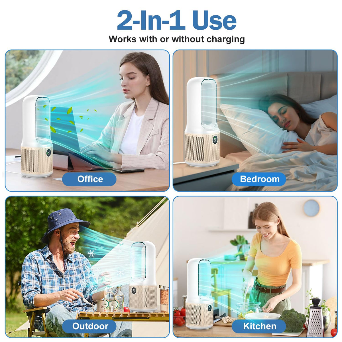 Small Bladeless Desk Fan Quiet, 14 Inch USB Rechargeable Table Fan with 5000mAh Battery, 60° Oscillating 9 Speeds Touch Control, 3 Light Modes, Mini Portable Fan for Office Bedroom Living Room