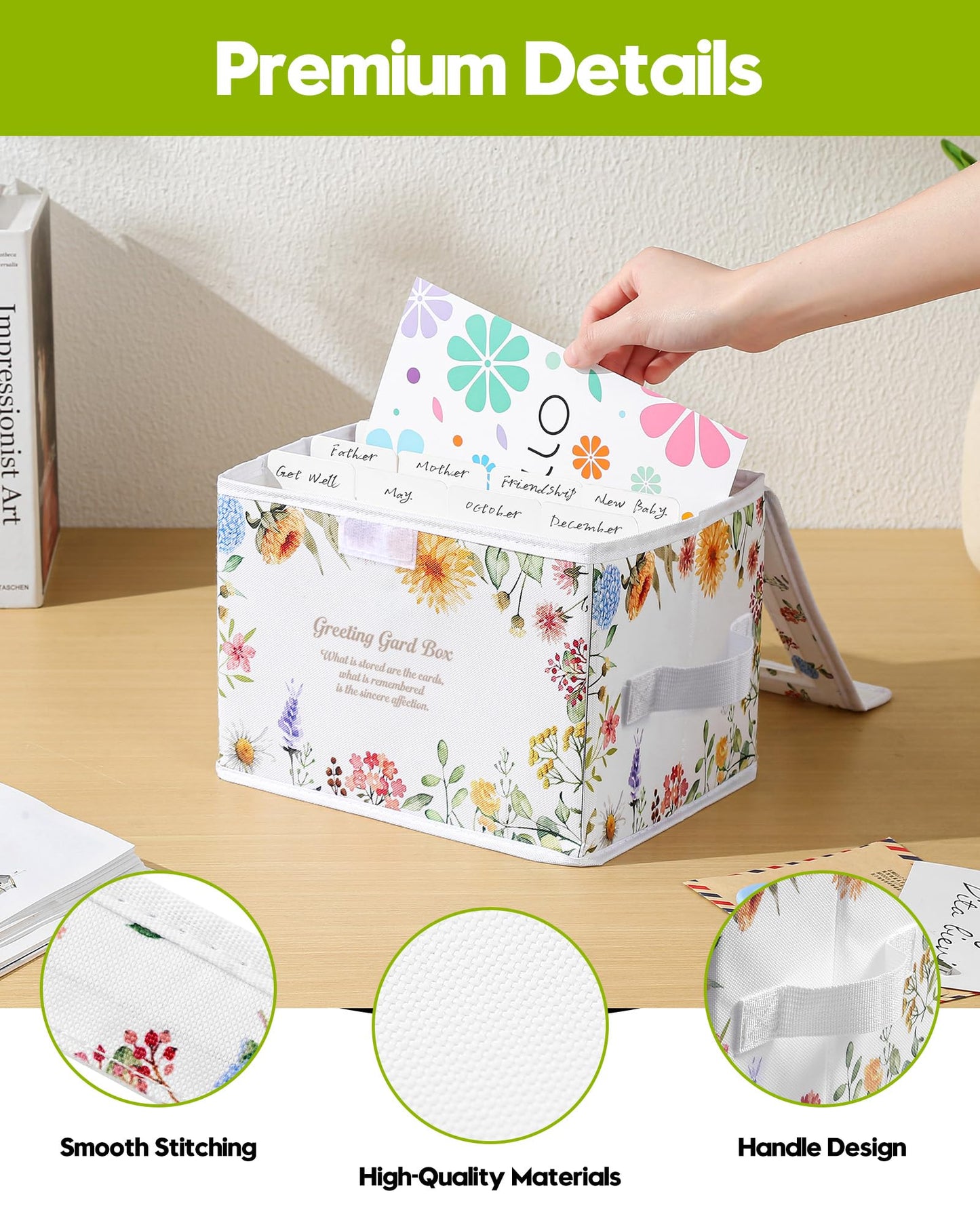 Meunmro Greeting Card Organizer Box With 13 Removable Dividers, Oxford Cloth Card Organizer With Transparent Lid, Store 140+ Cards for Photos, Stamp, Crafts, Envelopes, Sticker, Scrapbooking