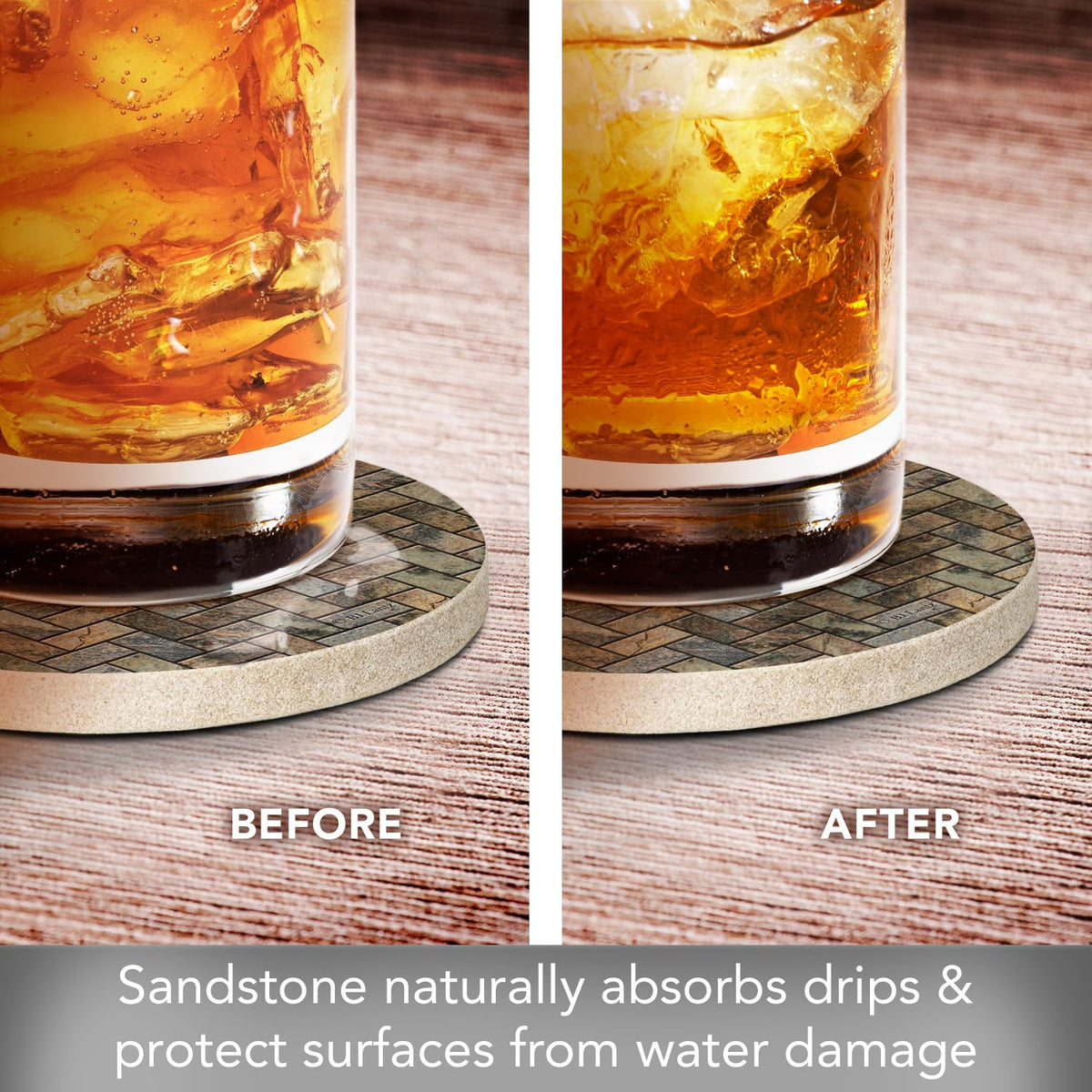 Thirstystone Stone Herringbone Pattern Natural Sandstone Coaster 4 Pack Eco-Friendly, Absorbent, Easily Wipes Clean