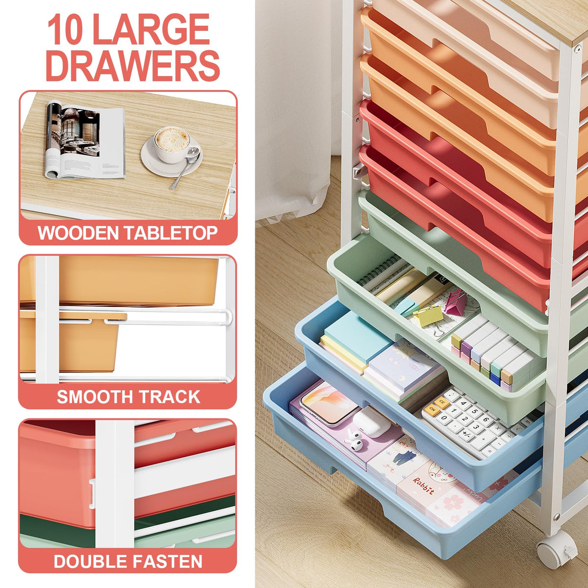 SYKIARIOL Rolling Cart with Drawers,10 Drawer Rolling Cart,Storage Cart with Wheels,Utility Cart with Drawers,Teacher Cart for Classroom Storage,Craft Cart with Wheels and Wooden Tabletop,Rainbow