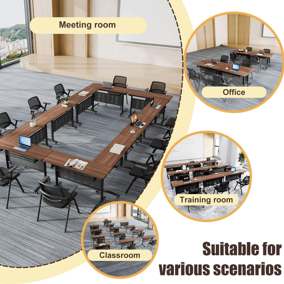 Folding Conference Room Table, Modern Conference Tables with Wheels for Office Classroom,Flip-Top Training Table Water-Resistant P2 Particle Board & Anti-Corrosion Alloy Frame (2, Walnut-Small, 47.2)