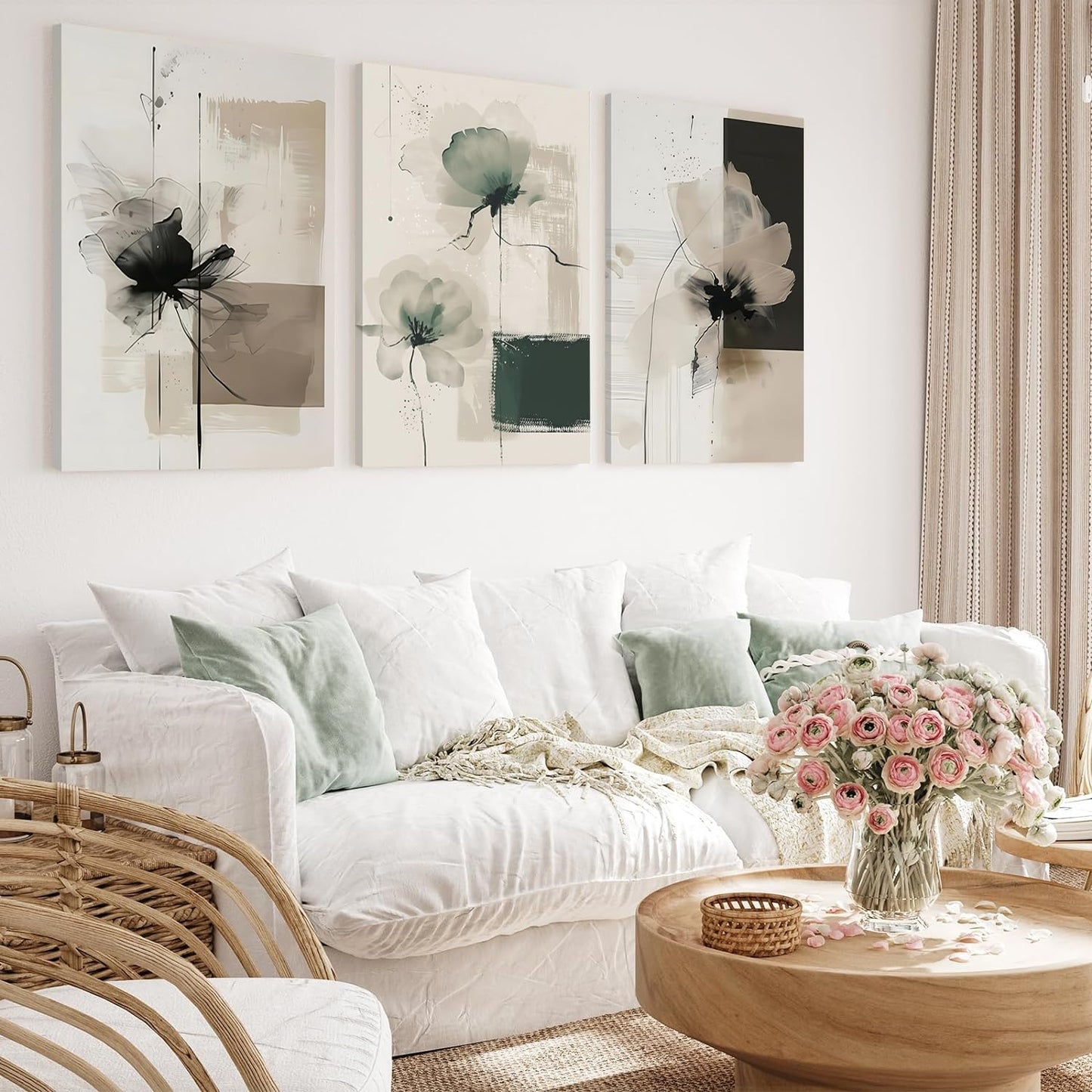 Neutral Abstract Floral Wall Art Set of 3 – Modern Beige & Black Minimalist Canvas Prints, Contemporary Large Flower Posters for Living Room Bedroom Bathroom Office Home Decor, Framed 24x16 Inch