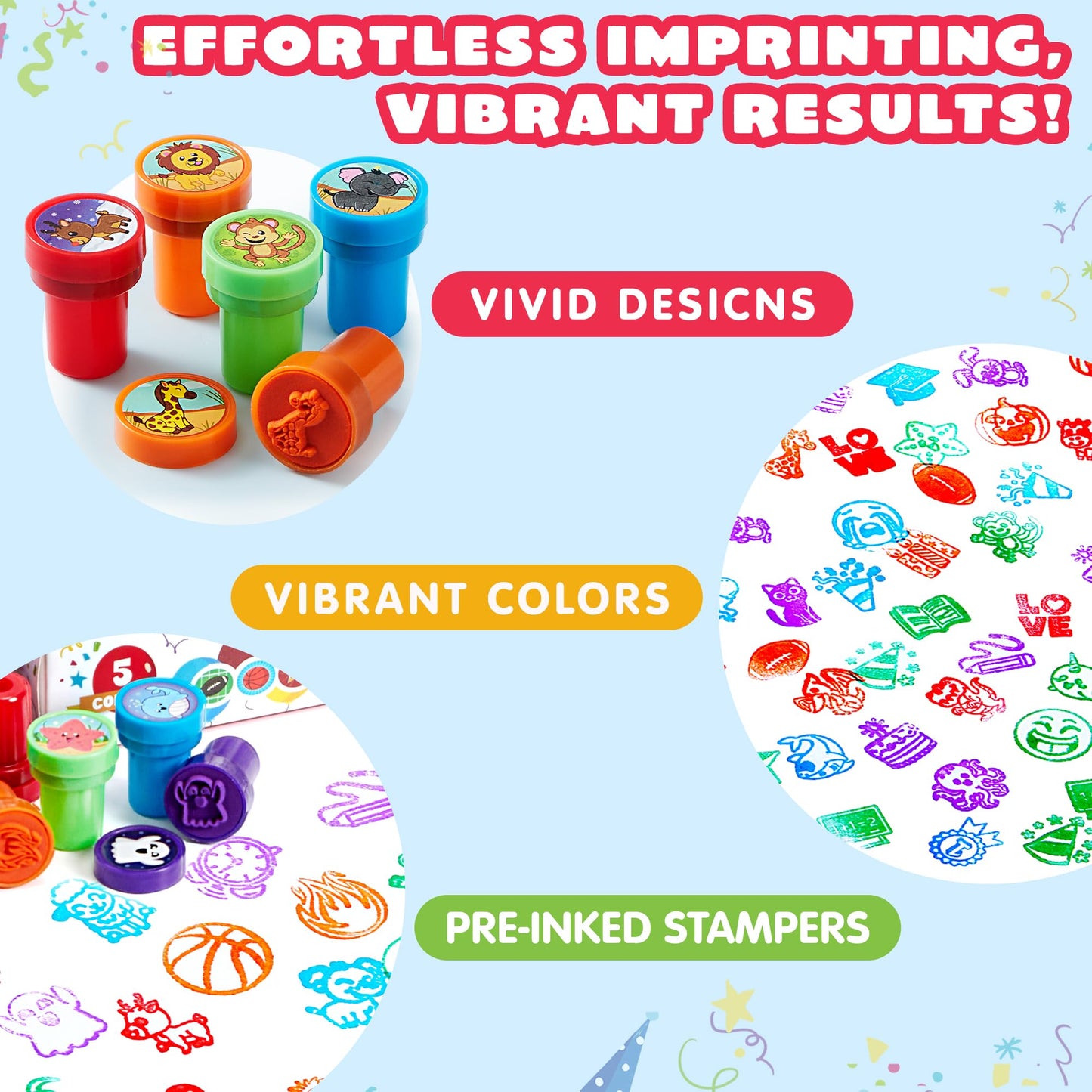 JOYIN 50 Pcs Assorted Stamps for Kids - Self-Ink Stamps with 50 Designs for Birthday Party Favor, Carnival Prizes, School Stampers, Goodie Bag, Classroom Treasure Box Toys (Zoo, Holiday Stampers)