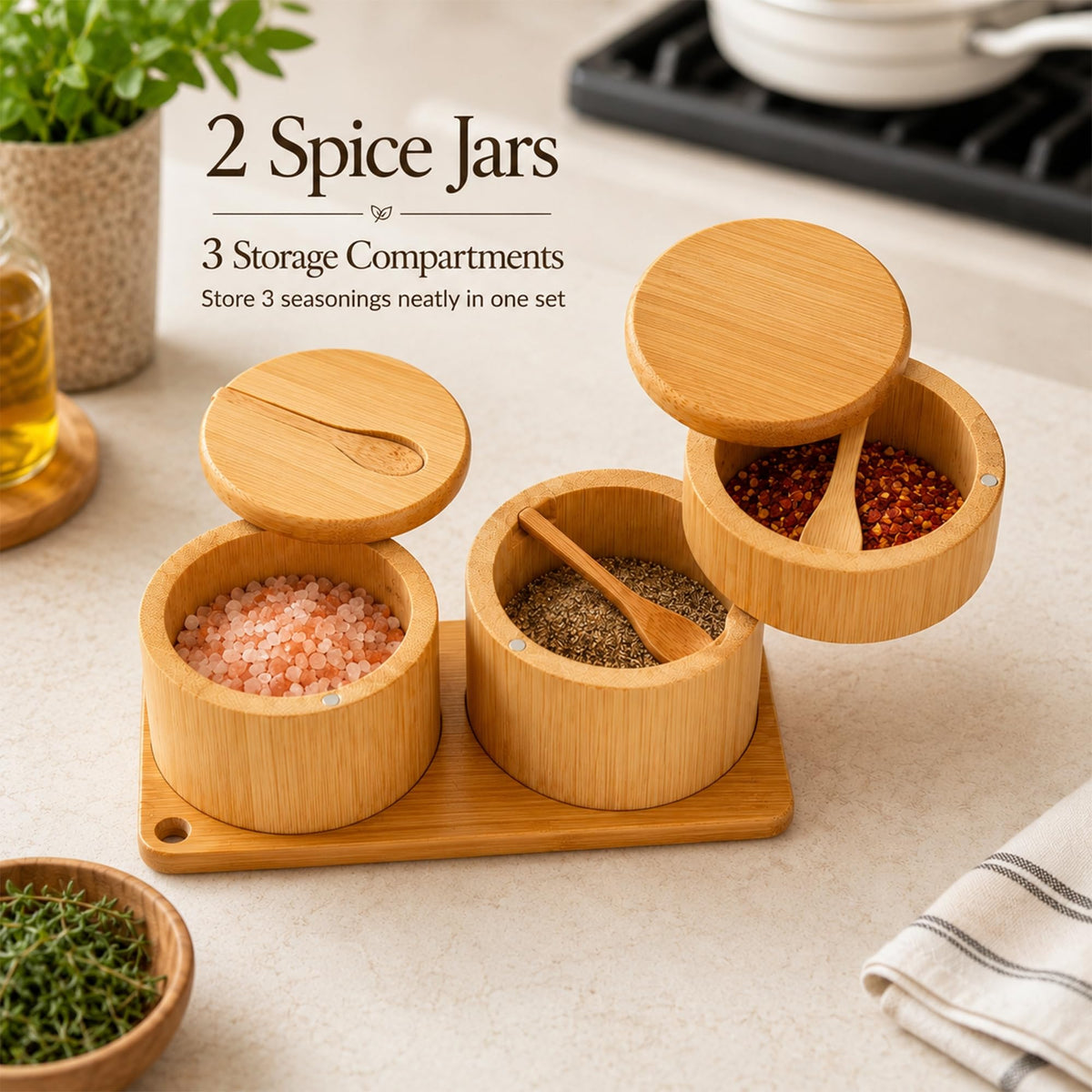 Bamboo Salt Cellar Set with Tray, Single & Double-Tier Salt and Pepper Cellar with Spoon & Magnetic Swivel Lid, 16 Labels, Spice Containers for Salt, Sugar, Pepper, Spices, Kitchen Organizer 9OZ Each