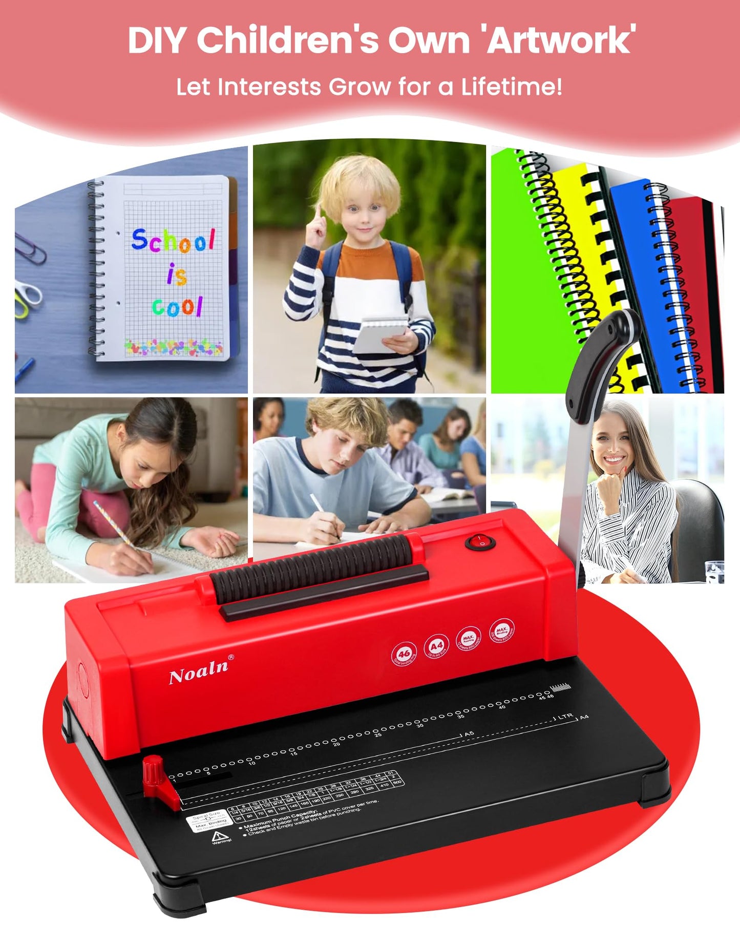 46-Hole Binding Machine Spiral Coil Binder Classic Red,DIY Book Binder Kits with Electric Coil Inserter,100pcs Comb Binding Spines,for Letter Size/A4/A5 School Office Home