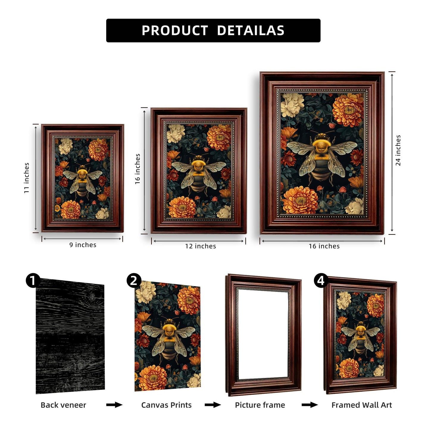 Framed William Morris Bee Canvas Wall Art Retro Mid Century Country Insect Wall Decor Pictures Dark Academia Botanical Floral Poster Prints for Office Living Room Bedroom Home Decoration 12x16in