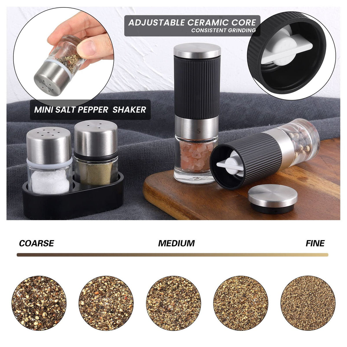 VEVOK CHEF Mini Salt and Pepper Grinder set with 2 Small Salt and Pepper Shakers Portable Cute Tiny Spice Grinder Pepper Mill Salt Grinder for Travel, Work, Camping, Party, School, Lunch Box